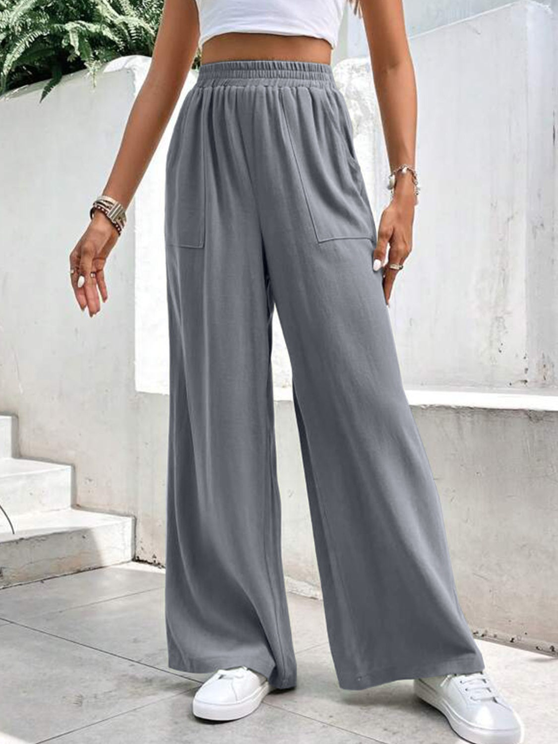 High Waist Wide Leg Pants with Pockets-[Adult]-[Female]-2022 Online Blue Zone Planet