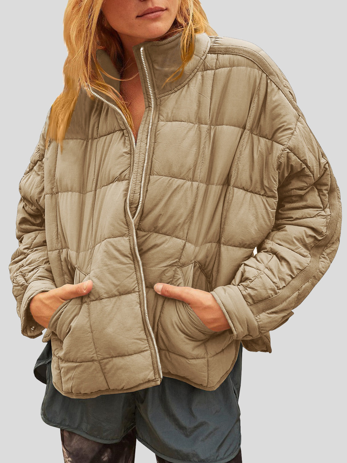 Pocketed Plaid Quilted Zip Up Winter Coat-TOPS / DRESSES-[Adult]-[Female]-Camel-S-2022 Online Blue Zone Planet