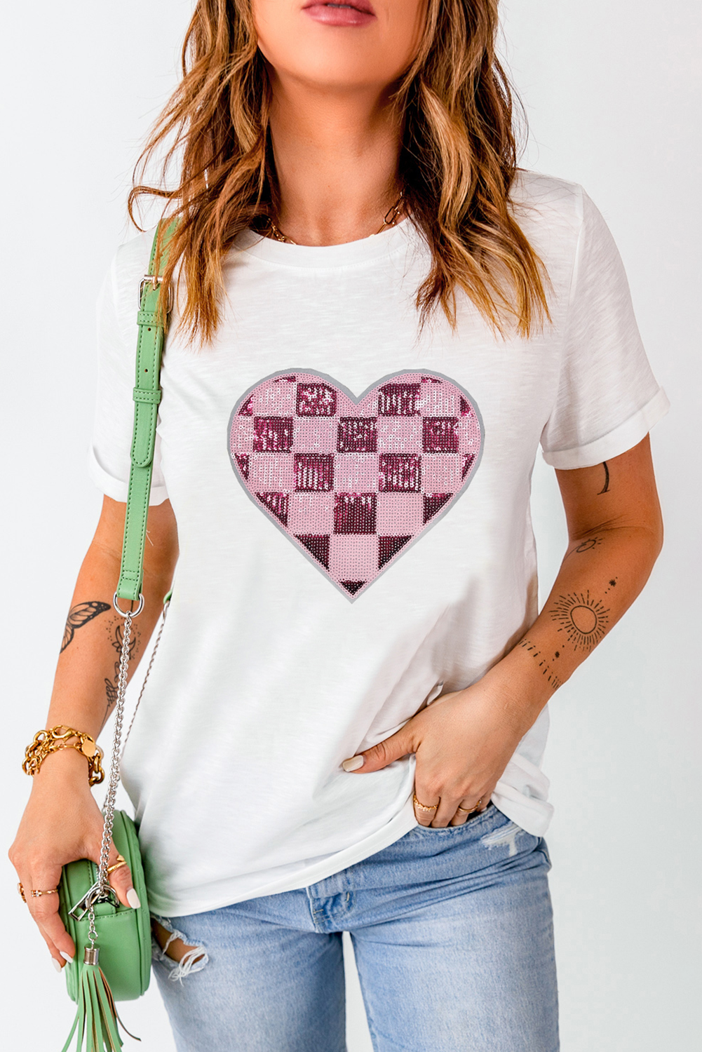 White Checkered Heart Patched Valentines Graphic Tee-Graphic Tees-[Adult]-[Female]-2022 Online Blue Zone Planet