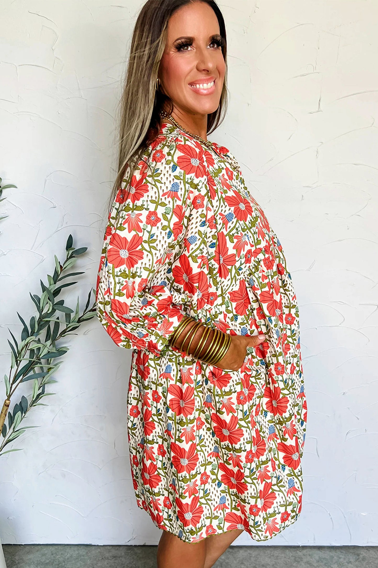 Red Floral Print Ricrac Trim V Neck 3/4 Sleeve Loose Mini Dress-TOPS / DRESSES-[Adult]-[Female]-2022 Online Blue Zone Planet