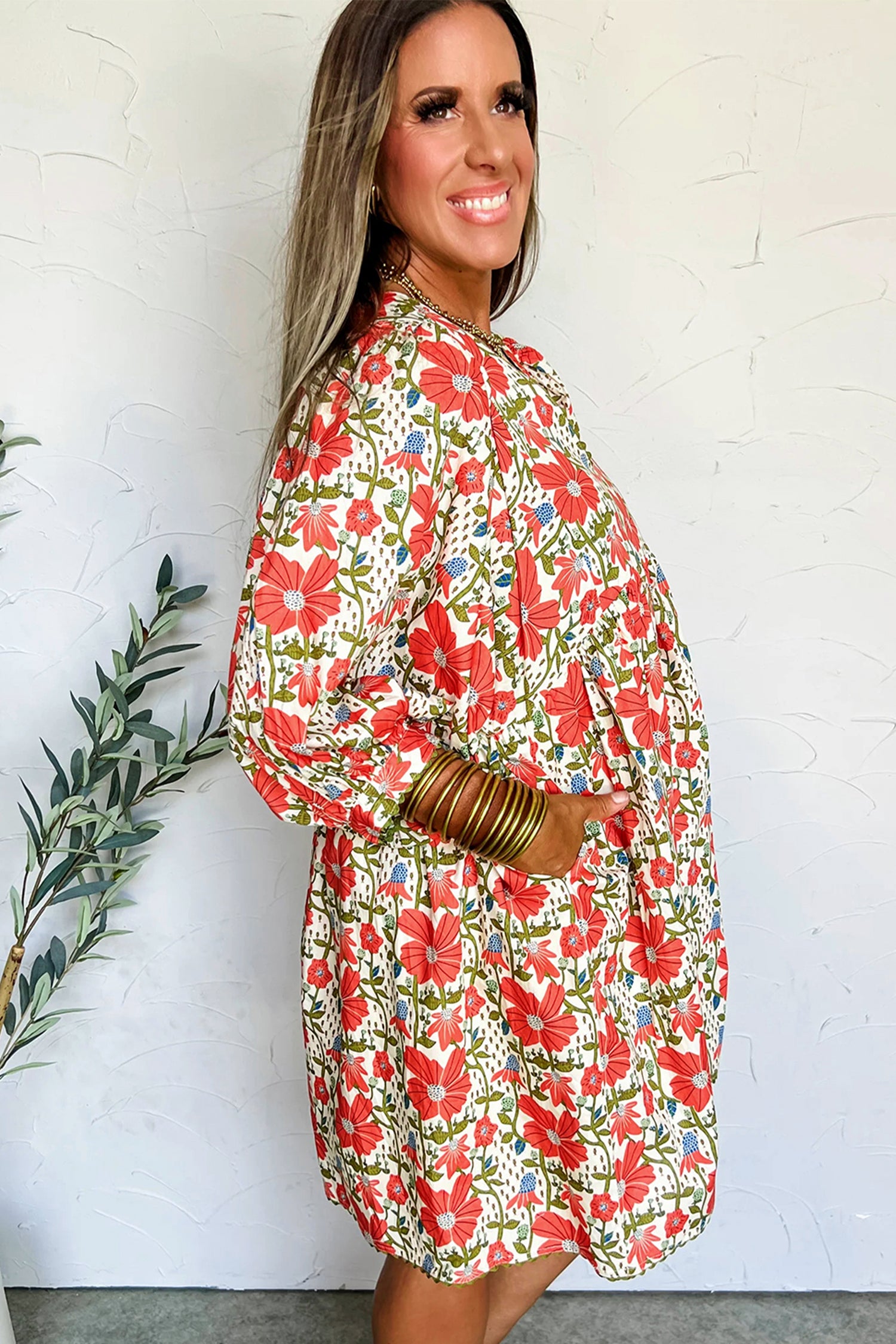 Red Floral Print Ricrac Trim V Neck 3/4 Sleeve Loose Mini Dress-TOPS / DRESSES-[Adult]-[Female]-2022 Online Blue Zone Planet