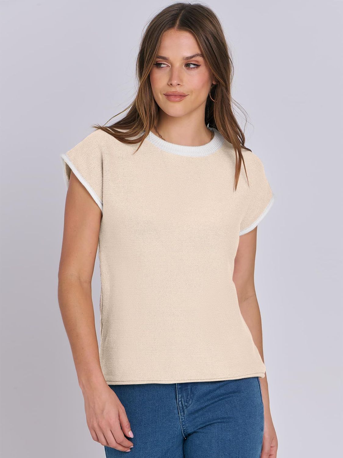 Blue Zone Planet | Mandy Contrast Round Neck Cap Sleeve Sweater-TOPS / DRESSES-[Adult]-[Female]-Tan-S-2022 Online Blue Zone Planet