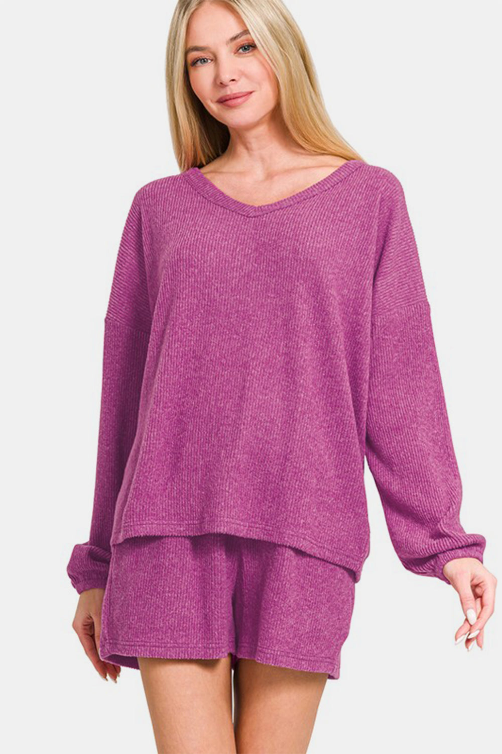 Zenana V-Neck Long Sleeve Ribbed Top and Shorts Set-TOPS / DRESSES-[Adult]-[Female]-Red-Violet-S-2022 Online Blue Zone Planet