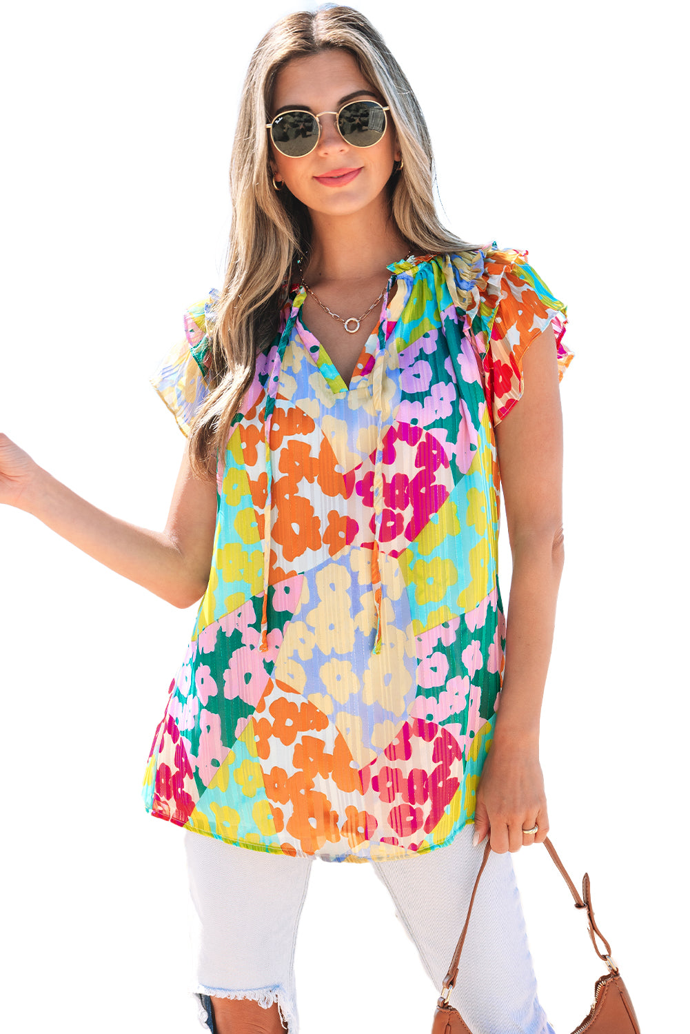 Blue Zone Planet | Multicolour Leopard Flutter Sleeve V Neck Crinkled Blouse-TOPS / DRESSES-[Adult]-[Female]-2022 Online Blue Zone Planet