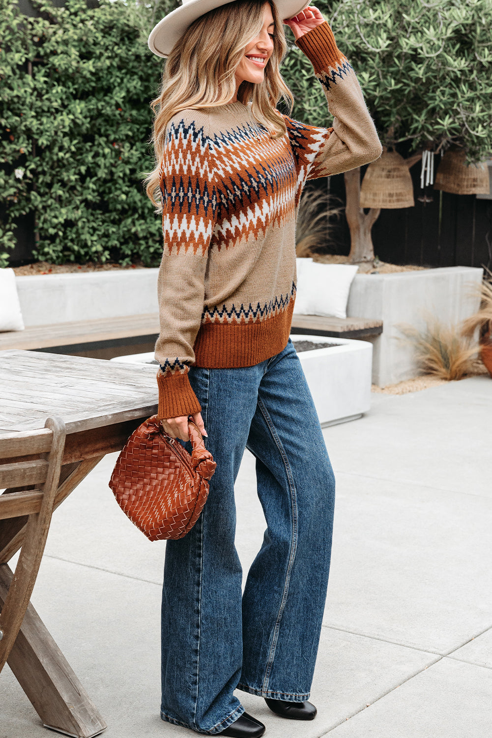 Khaki Aztec Print Colorblock Crew Neck Sweater-TOPS / DRESSES-[Adult]-[Female]-2022 Online Blue Zone Planet