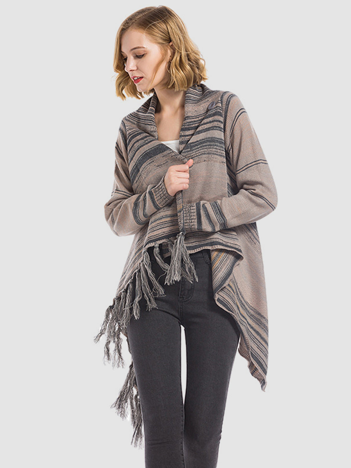 Angel Wings Tassel Striped Open Front Long Sleeve Cardigan-TOPS / DRESSES-[Adult]-[Female]-Dark Gray-S-2022 Online Blue Zone Planet