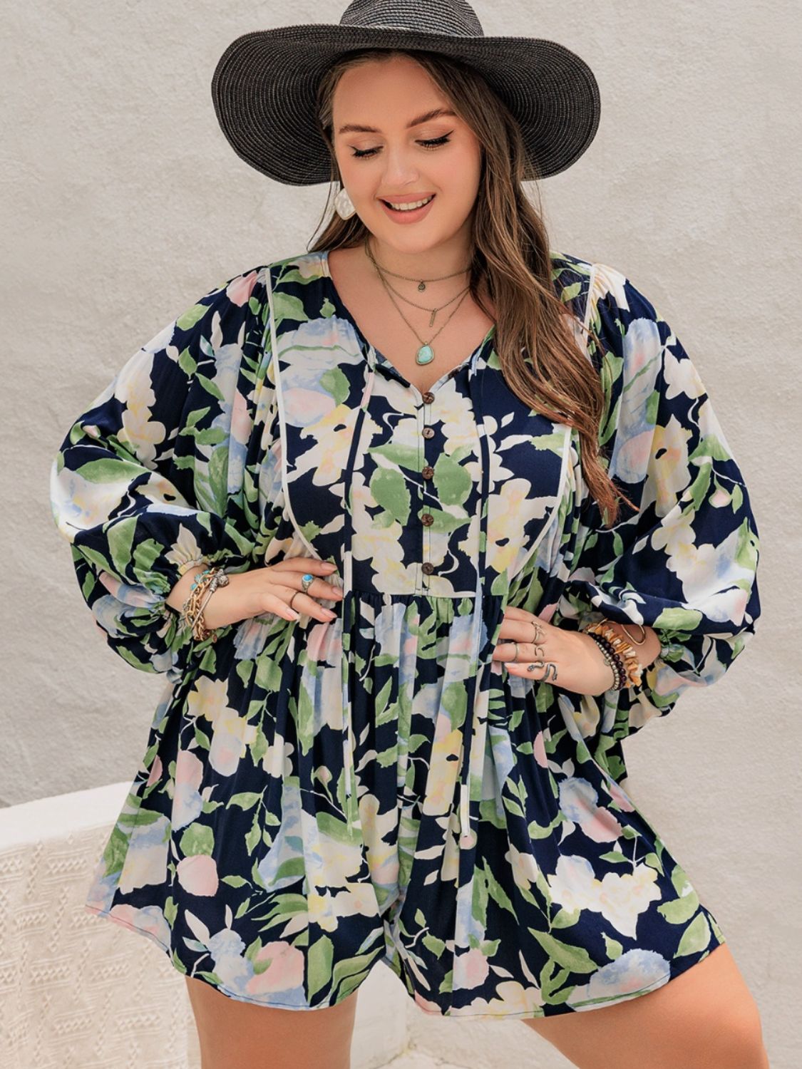 Blue Zone Planet | Plus Size Tied Printed Long Sleeve Romper-TOPS / DRESSES-[Adult]-[Female]-2022 Online Blue Zone Planet