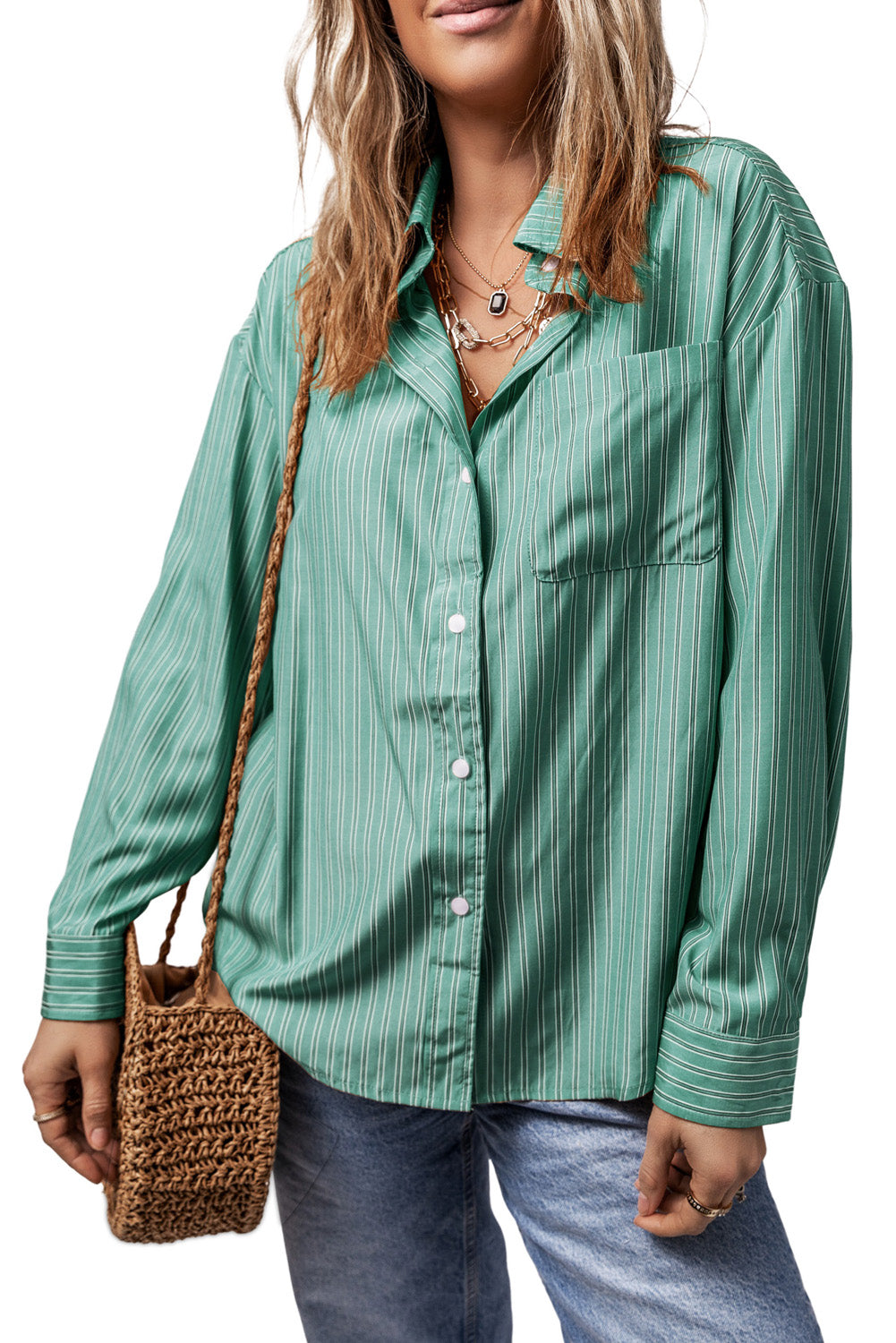 Striped Button Up Long Sleeve Shirt-TOPS / DRESSES-[Adult]-[Female]-Turquoise-S-2022 Online Blue Zone Planet