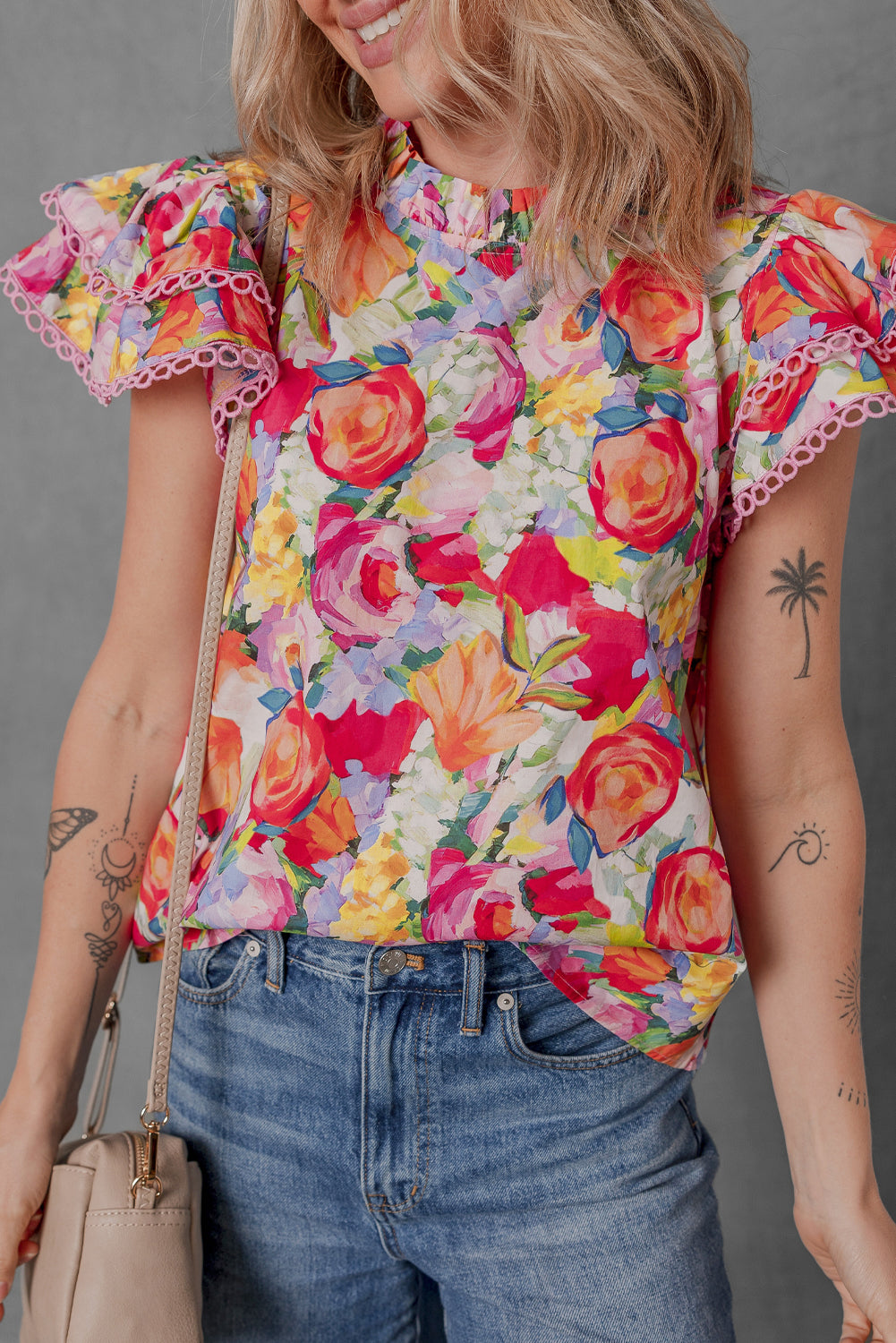 Multicolour Lace Trim Ruffle Short Sleeve Floral Blouse-Tops/Blouses & Shirts-[Adult]-[Female]-Multicolour-S-2022 Online Blue Zone Planet