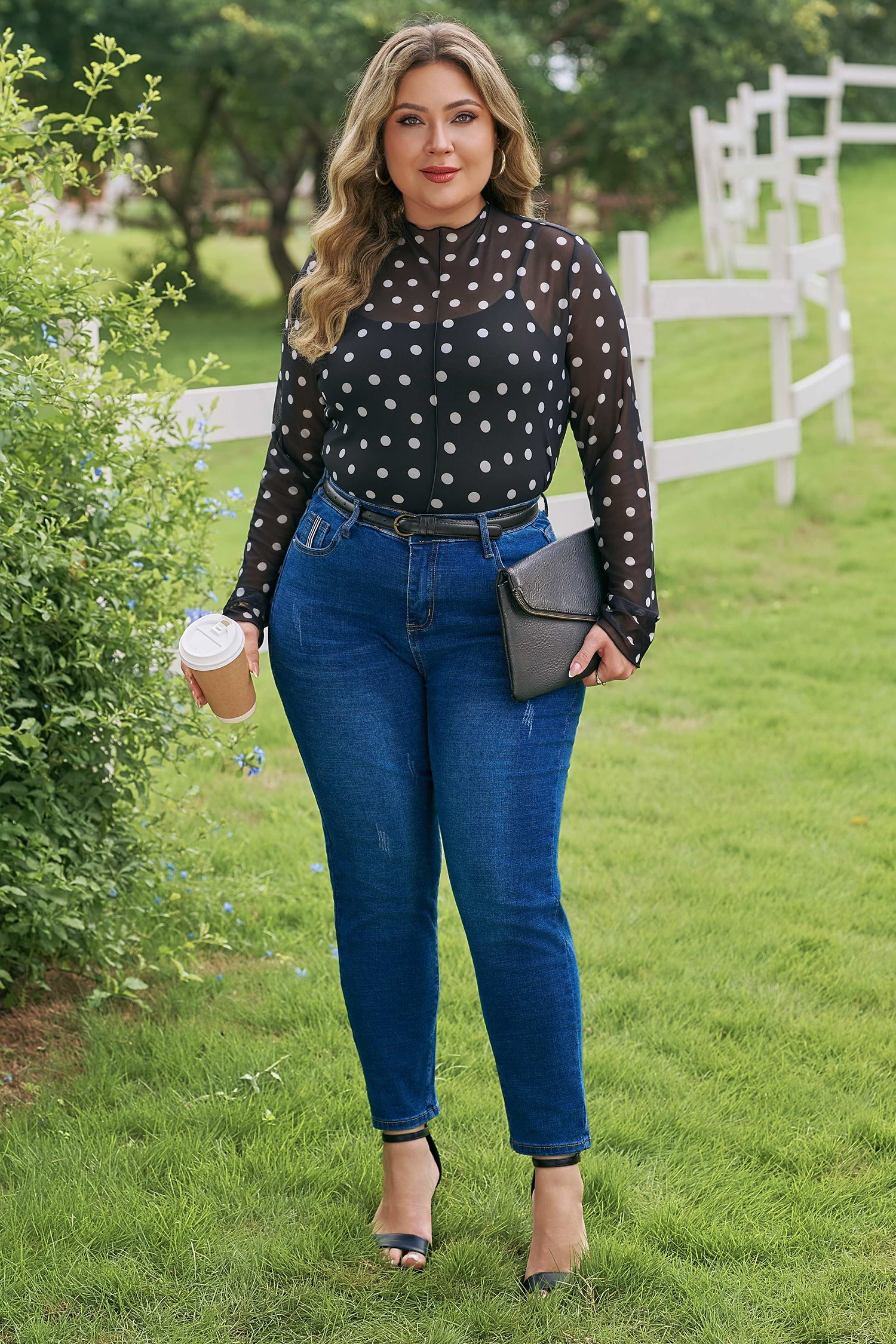 Black Plus Size Mock Neck Polka Dot Long Sleeve Mesh Top-Plus Size/Plus Size Tops/Plus Size Long Sleeve Tops-[Adult]-[Female]-2022 Online Blue Zone Planet