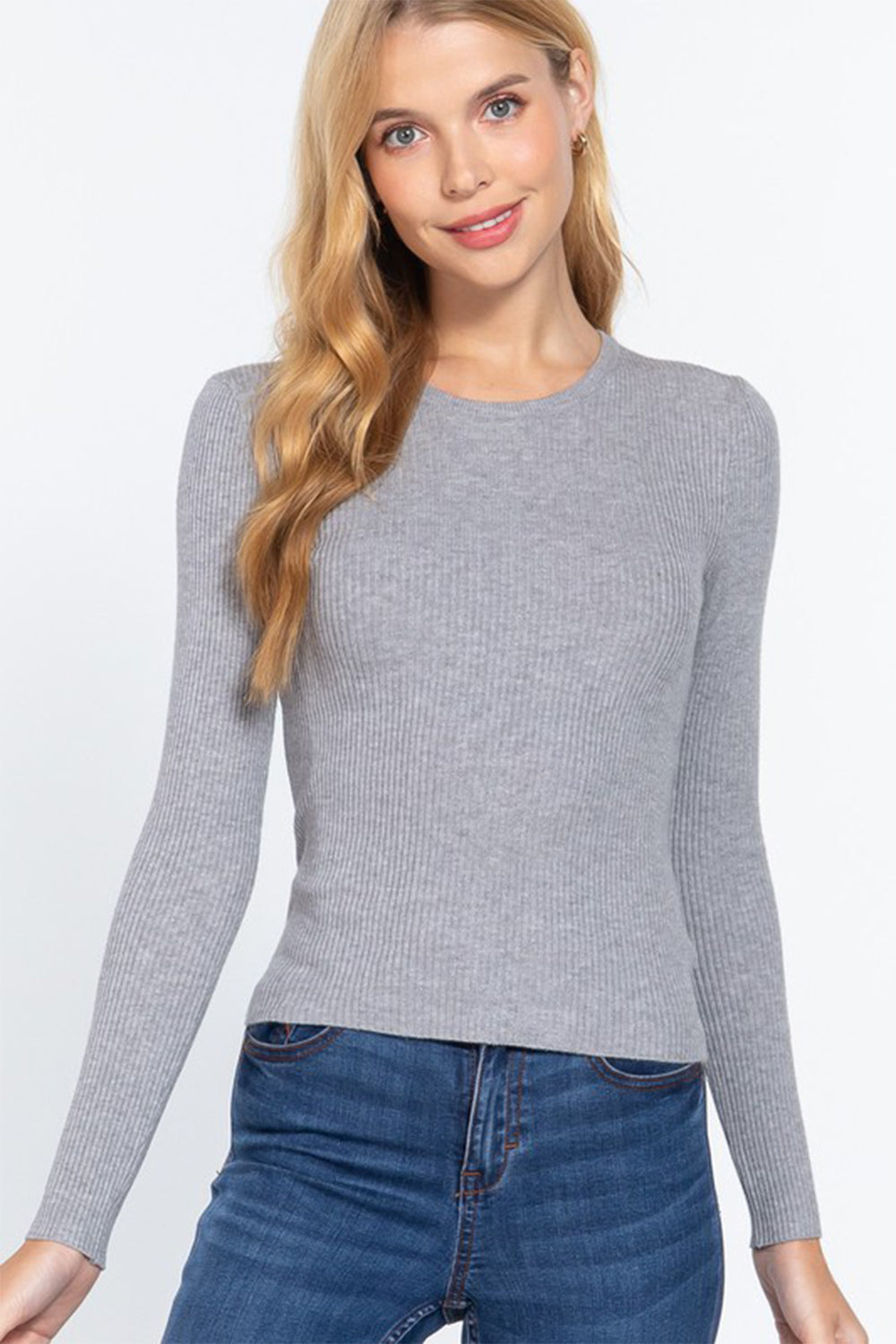 ACTIVE BASIC Full Size Ribbed Round Neck Long Sleeve Knit Top-TOPS / DRESSES-[Adult]-[Female]-2022 Online Blue Zone Planet