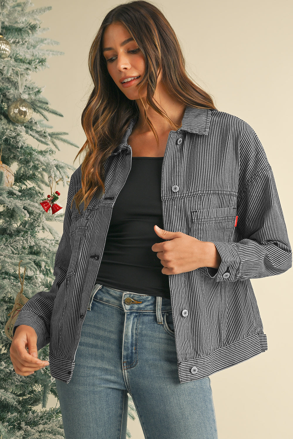 Blue Zone Planet | Sky Blue Stripe Washed Oversized Pocketed Denim Jacket-Jackets-[Adult]-[Female]-Blue Stripe-S-2022 Online Blue Zone Planet