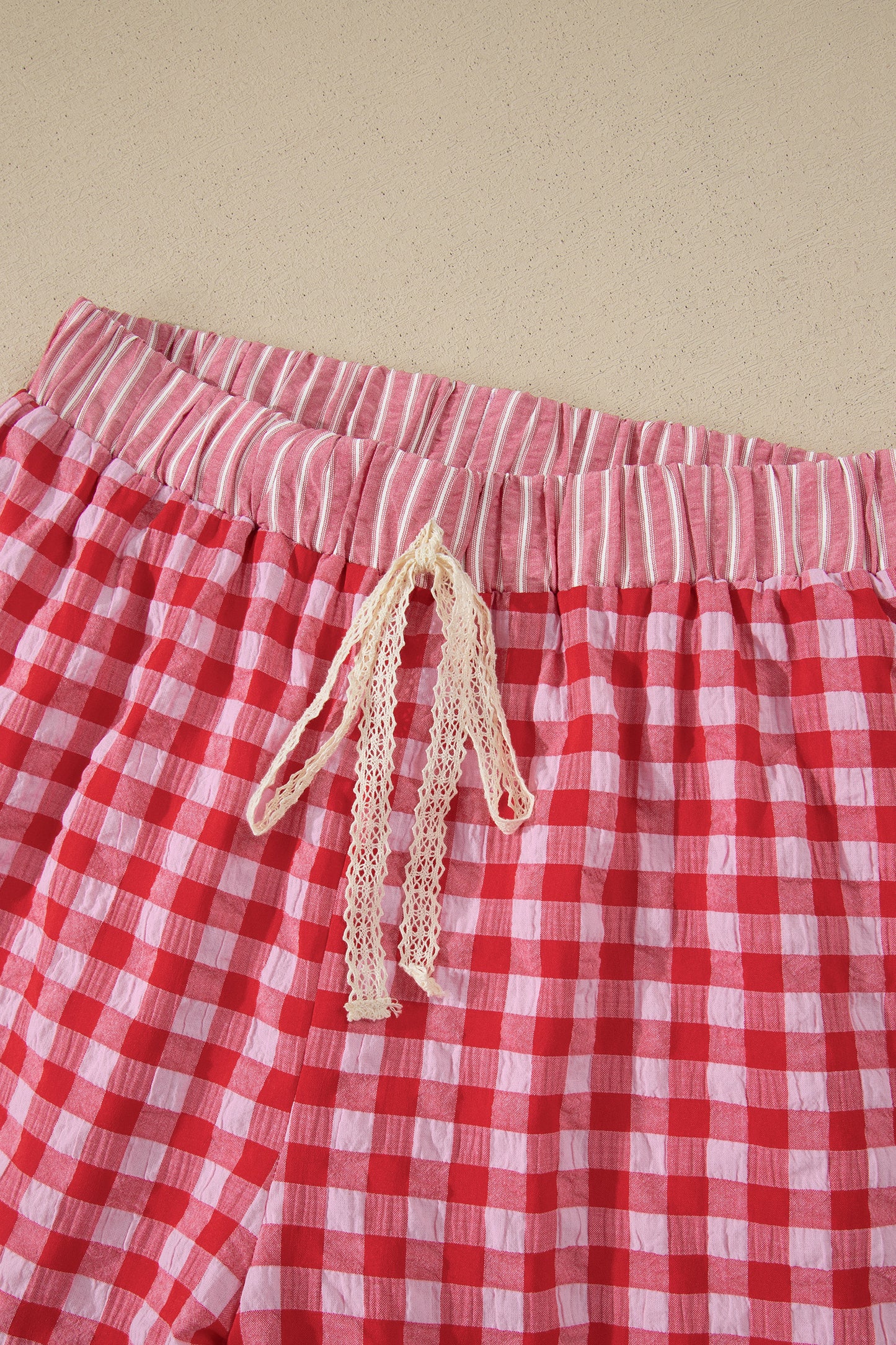 Red Gingham Print Ruffle Striped Detail Lace Tie Shorts-Bottoms/Casual Shorts-[Adult]-[Female]-2022 Online Blue Zone Planet