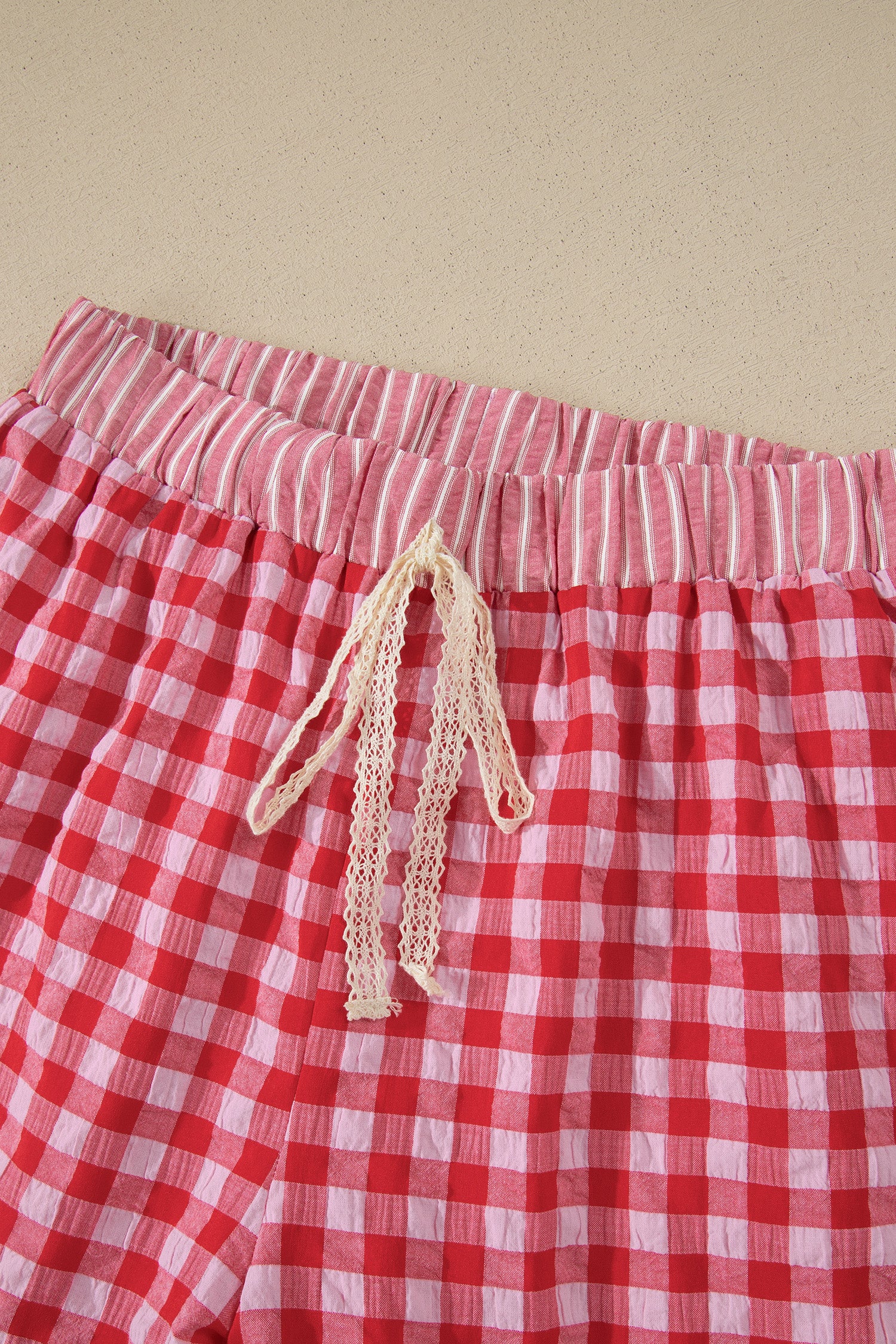 Red Gingham Print Ruffle Striped Detail Lace Tie Shorts-Bottoms/Casual Shorts-[Adult]-[Female]-2022 Online Blue Zone Planet