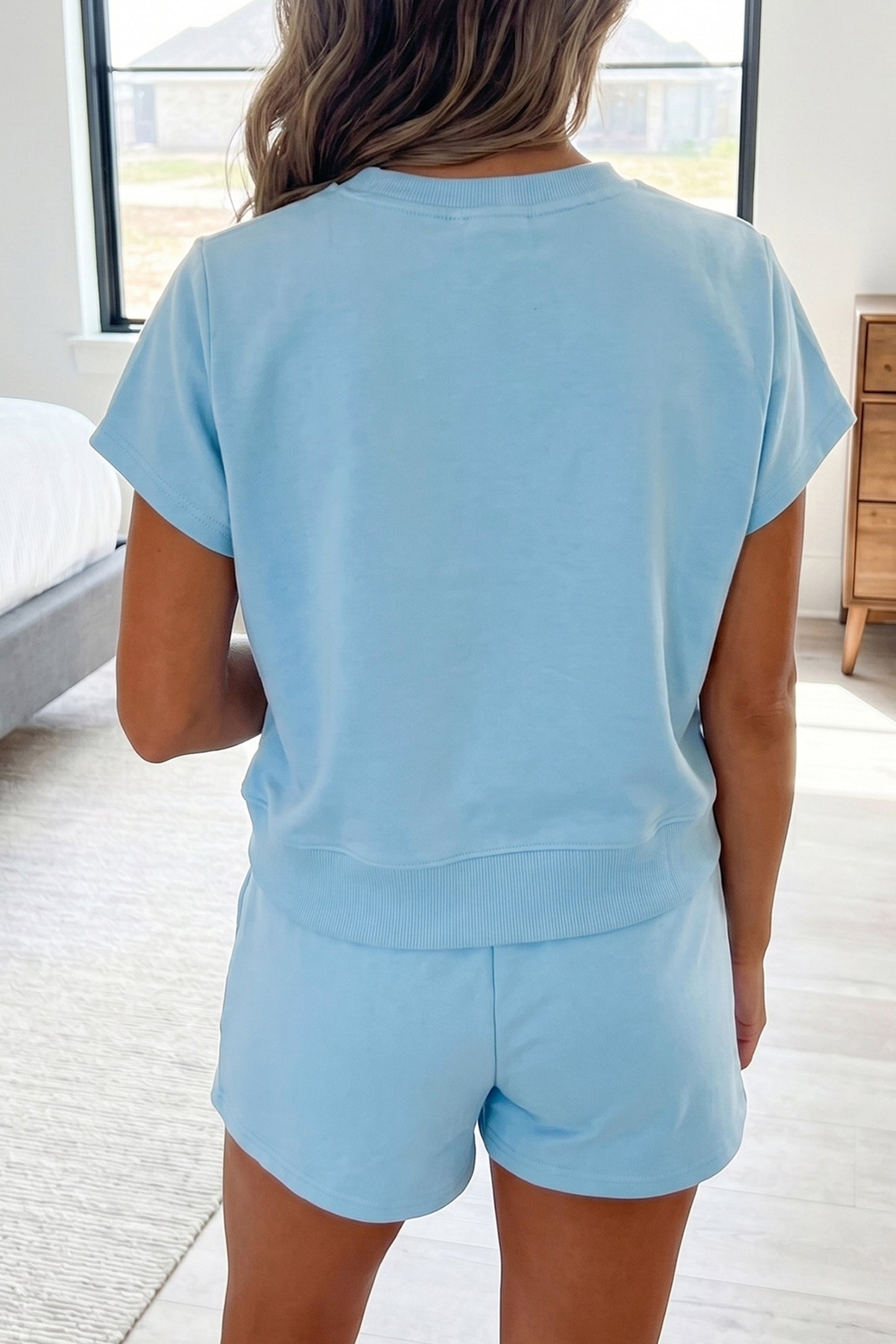 Mist Blue Solid Color Loose Tee Drawstring Shorts 2pcs Outfit-Two Piece Sets/Short Sets-[Adult]-[Female]-2022 Online Blue Zone Planet
