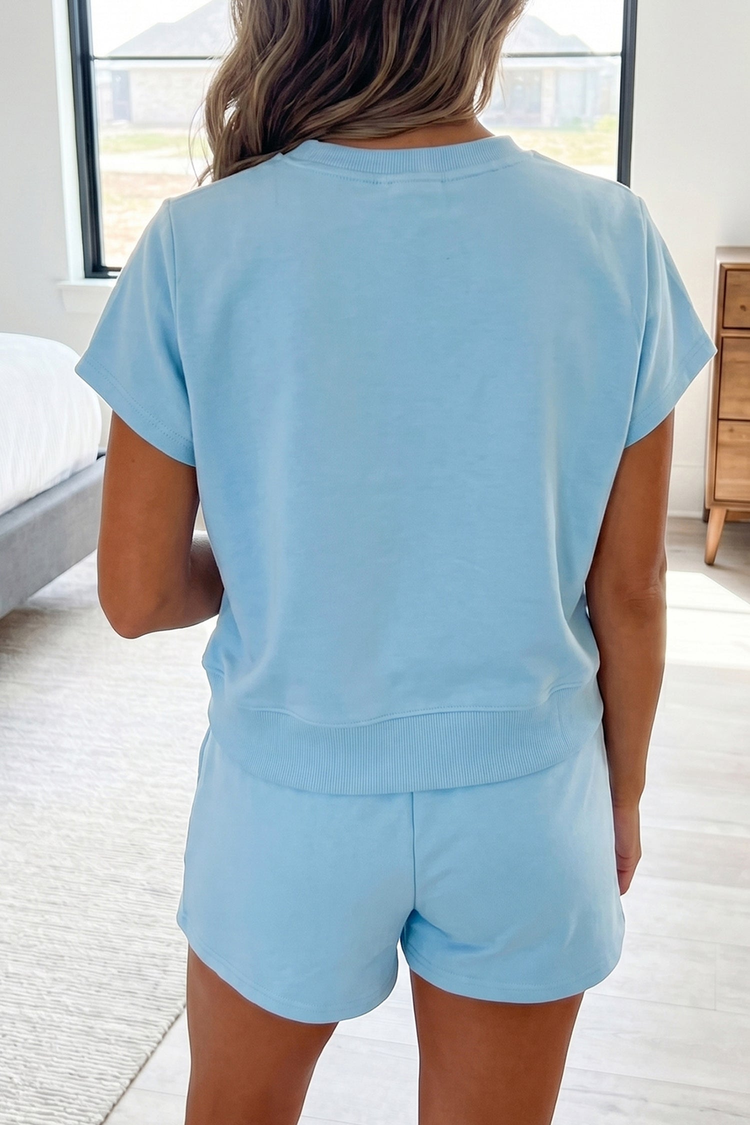 Mist Blue Solid Color Loose Tee Drawstring Shorts 2pcs Outfit-Two Piece Sets/Short Sets-[Adult]-[Female]-2022 Online Blue Zone Planet