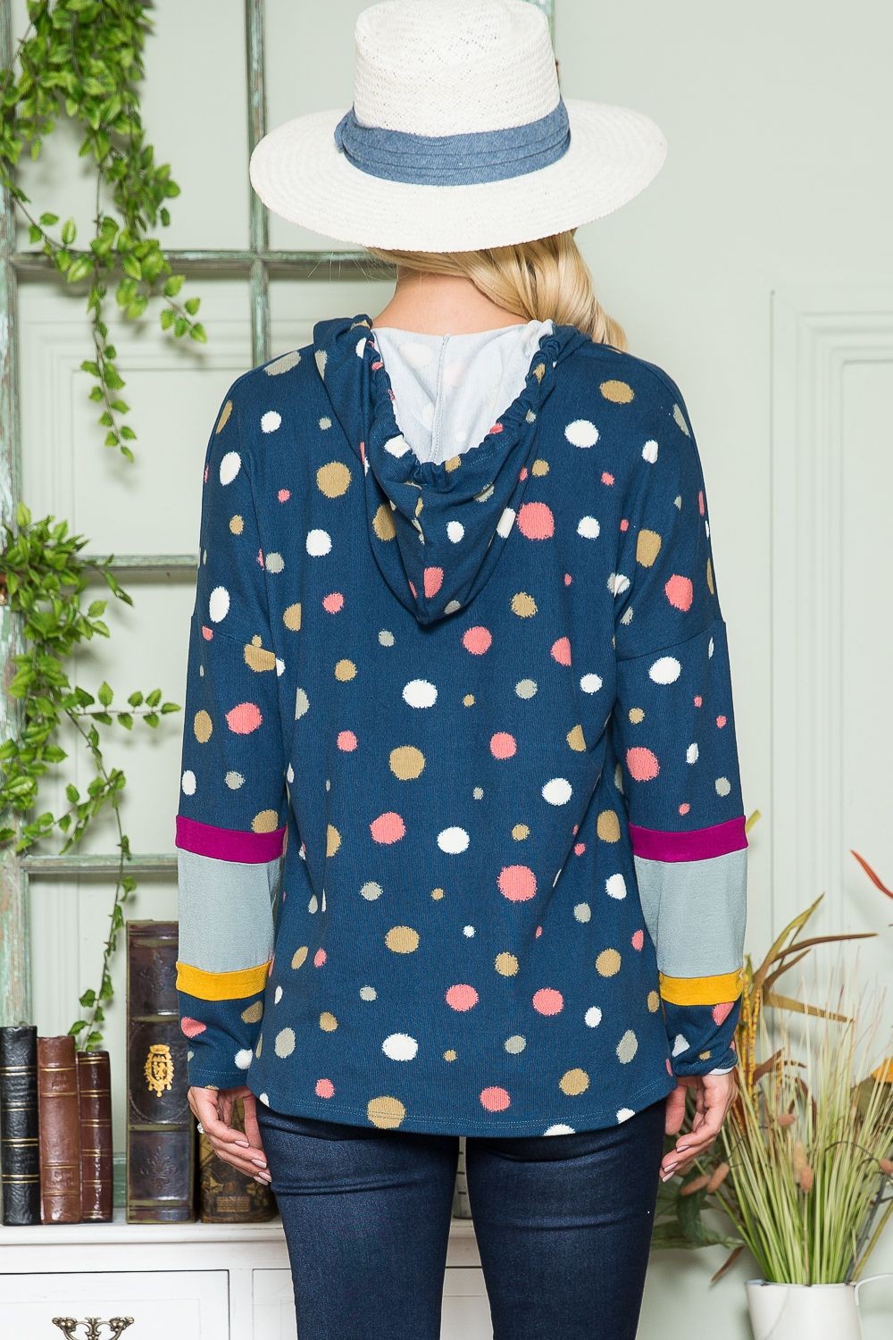 Blue Zone Planet | Celeste Full Size Polka Dot Drawstring Hoodie-TOPS / DRESSES-[Adult]-[Female]-2022 Online Blue Zone Planet