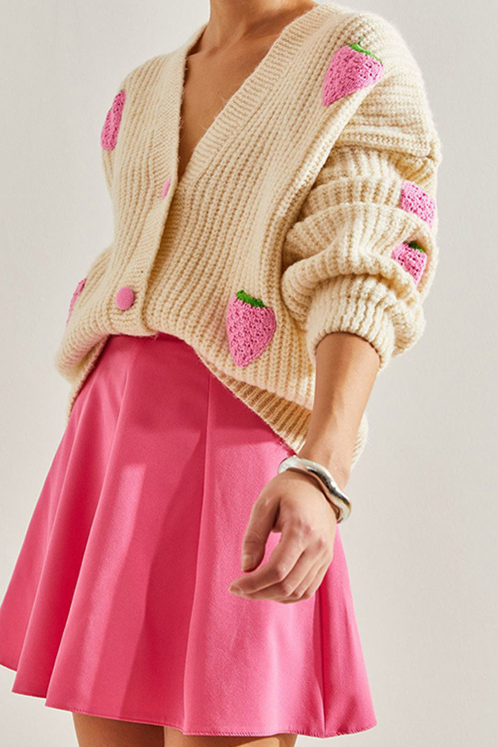 Beige Strawberry V Neck Knit Cardigan-Cardigans-[Adult]-[Female]-2022 Online Blue Zone Planet