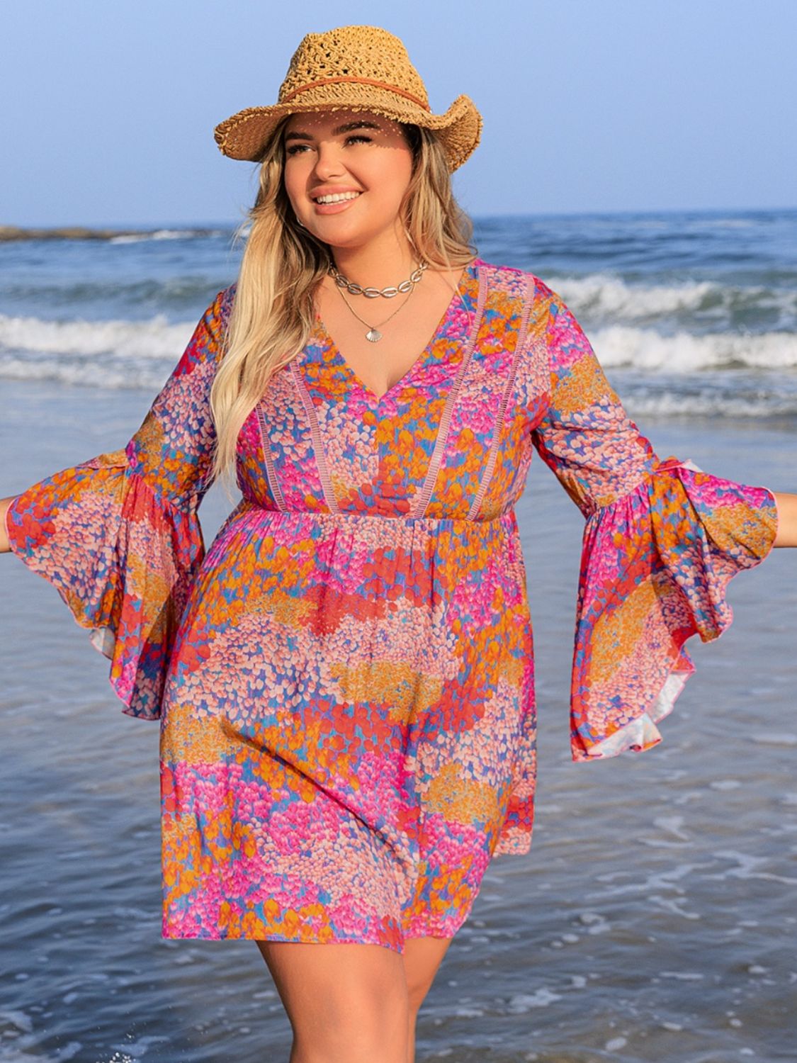 Blue Zone Planet | Plus Size Ruched Printed Long Sleeve Dress-TOPS / DRESSES-[Adult]-[Female]-2022 Online Blue Zone Planet