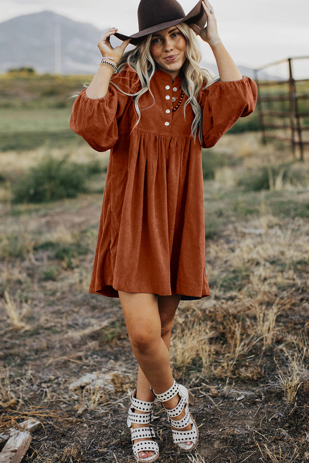 Corduroy Snap Buttons Empire Waist Bracelet Sleeve Dress - Sunny Angela Gold Flame / XL Corduroy Snap Buttons Empire Waist Bracelet Sleeve Dress - Sunny Angela Gold Flame / XL