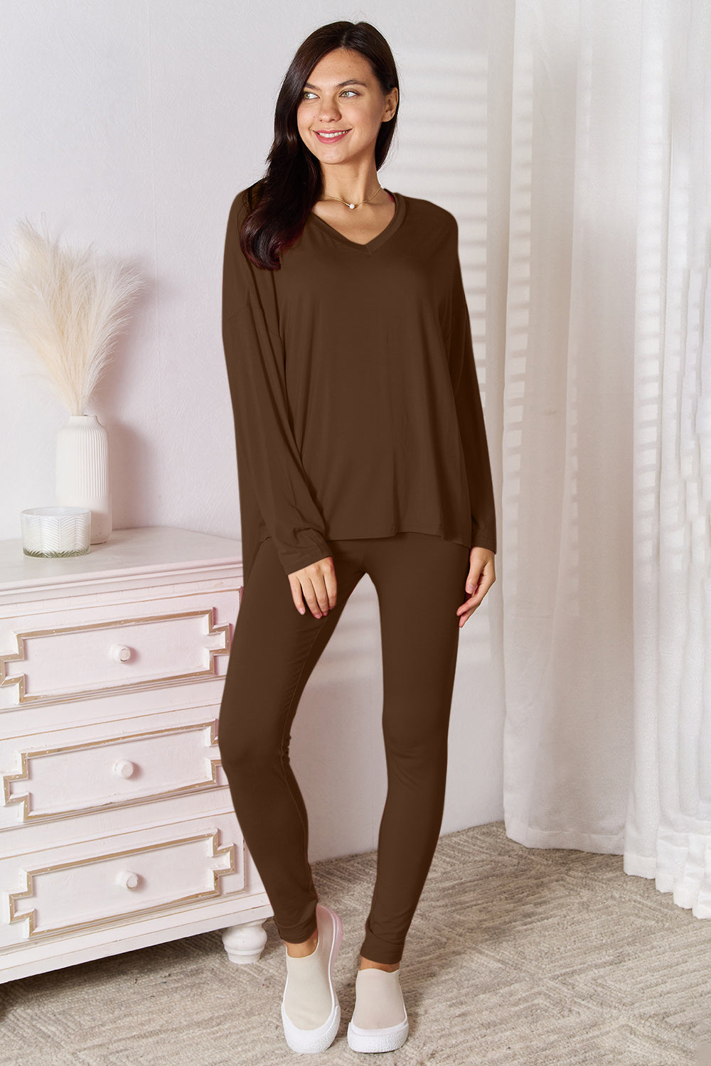 Basic Bae Full Size V-Neck Soft Rayon Long Sleeve Top and Pants Lounge Set BLUE ZONE PLANET