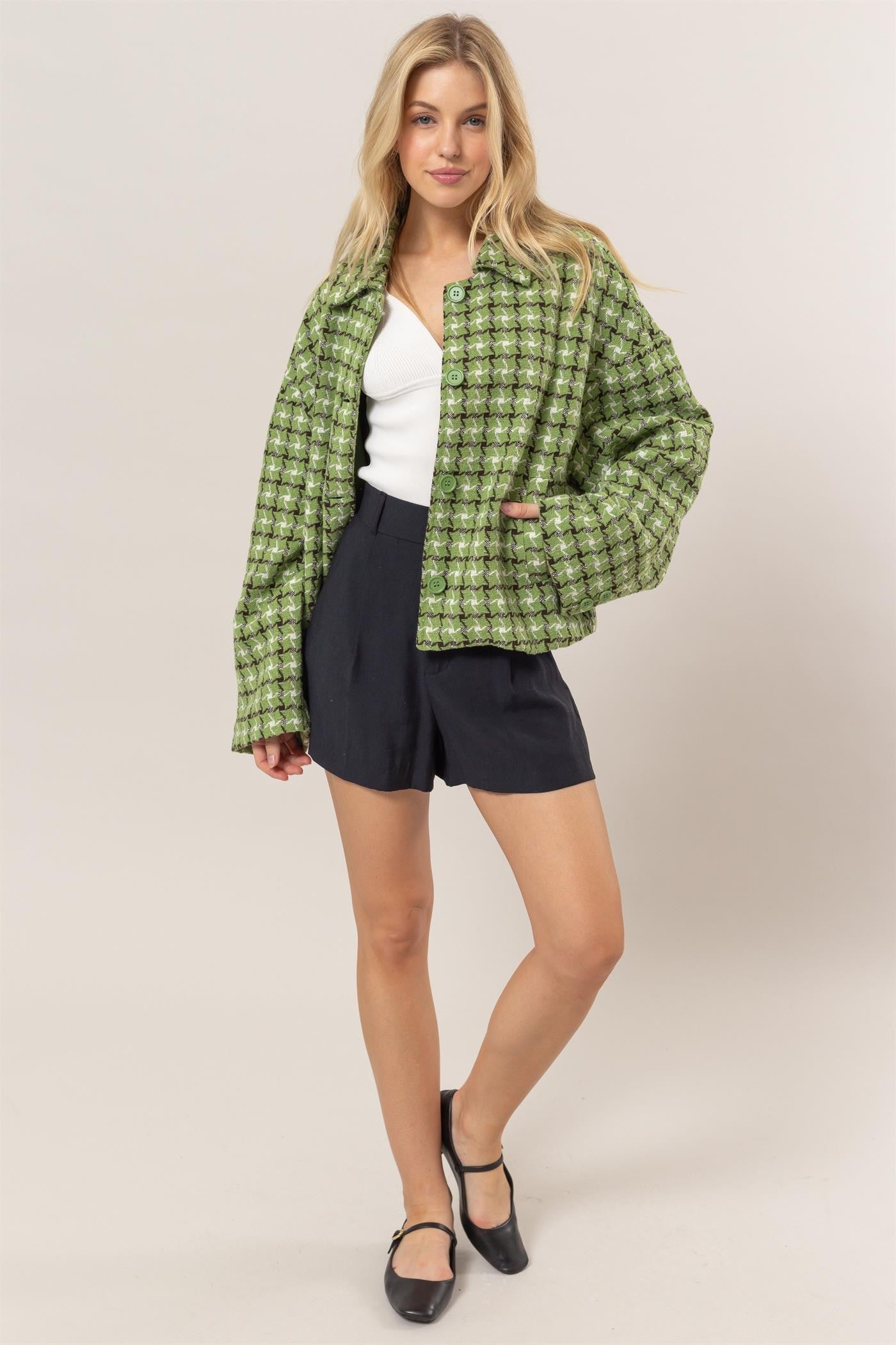 HYFVE Tweed Plaid Button Up Collared Neck Jacket-TOPS / DRESSES-[Adult]-[Female]-2022 Online Blue Zone Planet