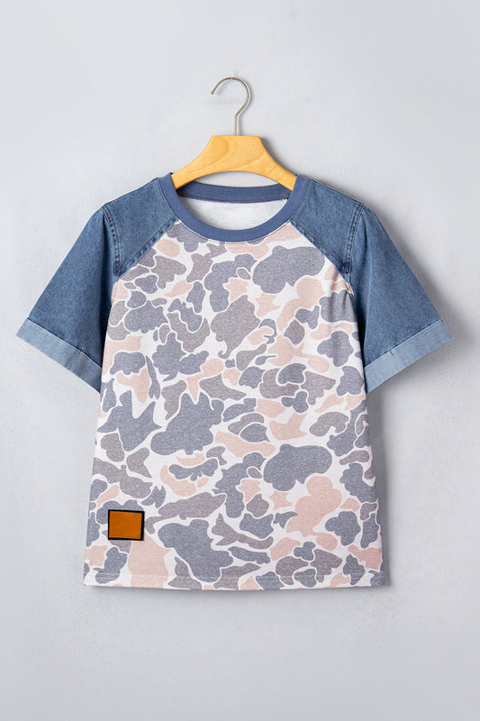 Multicolour Camouflage Print Denim Color Block Sleeve Casual Tee-Tops/Tops & Tees-[Adult]-[Female]-2022 Online Blue Zone Planet