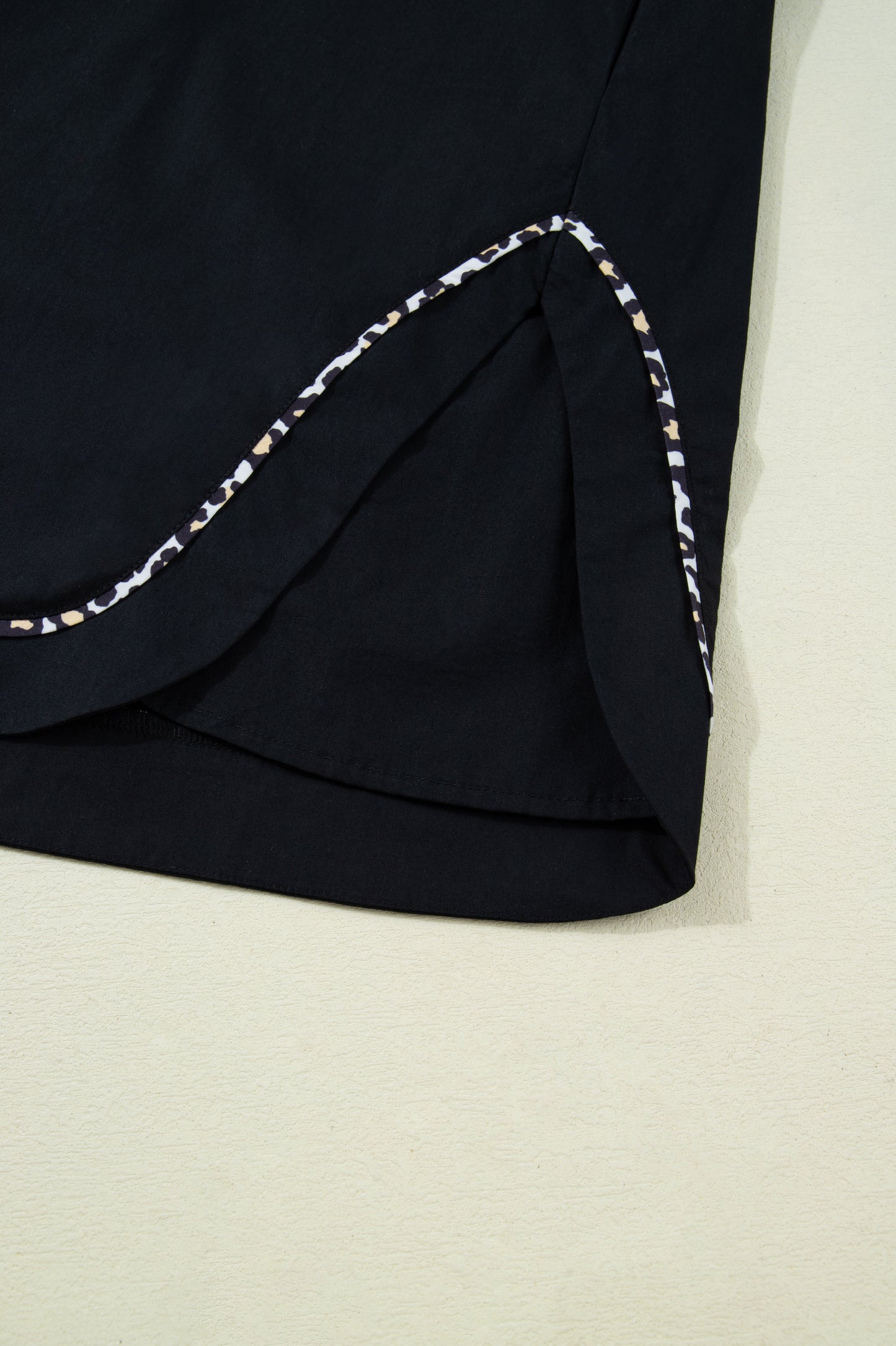 Black Leopard Trim Notched Neck Short Puff Sleeve Shift Mini Dress