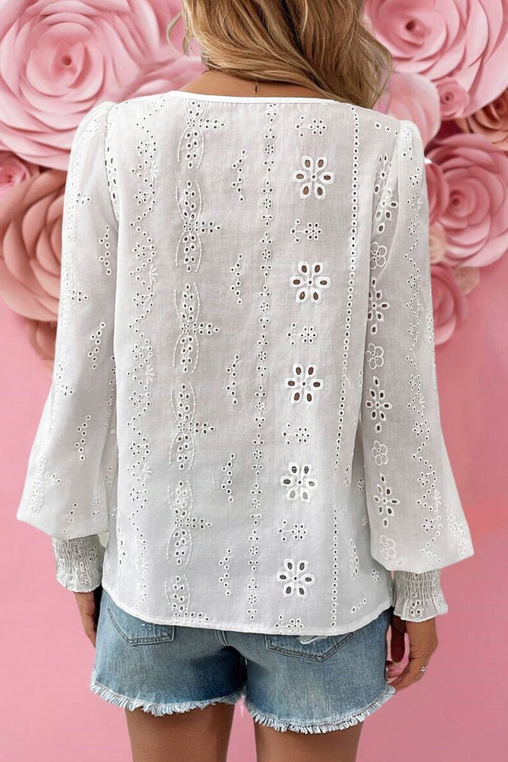 White Eyelet Embroidered Smocked Cuff Sheer Blouse-Tops/Blouses & Shirts-[Adult]-[Female]-2022 Online Blue Zone Planet