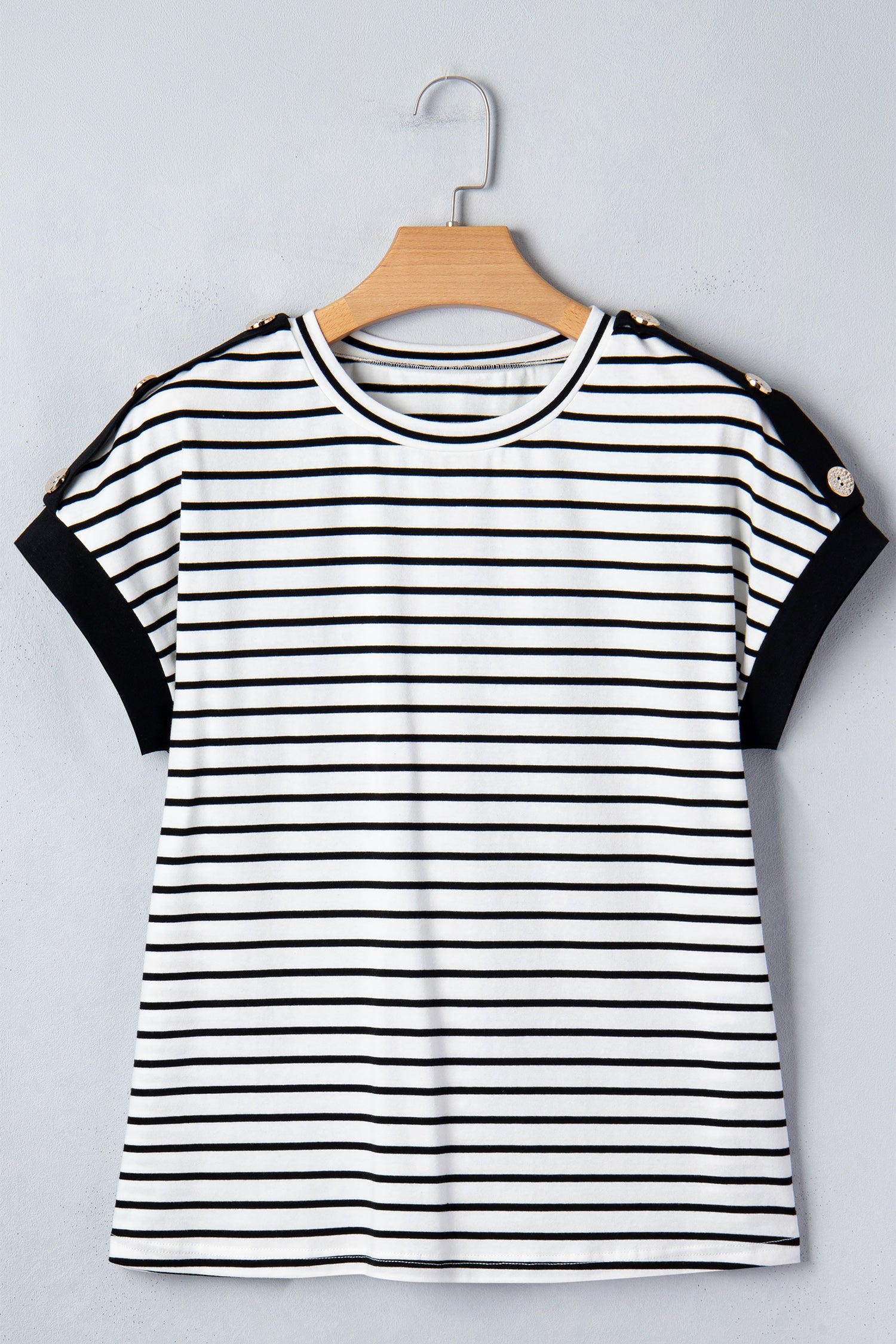 Black Stripe Cuffed Sleeve Button Detail Loose Tee-Tops/Tops & Tees-[Adult]-[Female]-2022 Online Blue Zone Planet