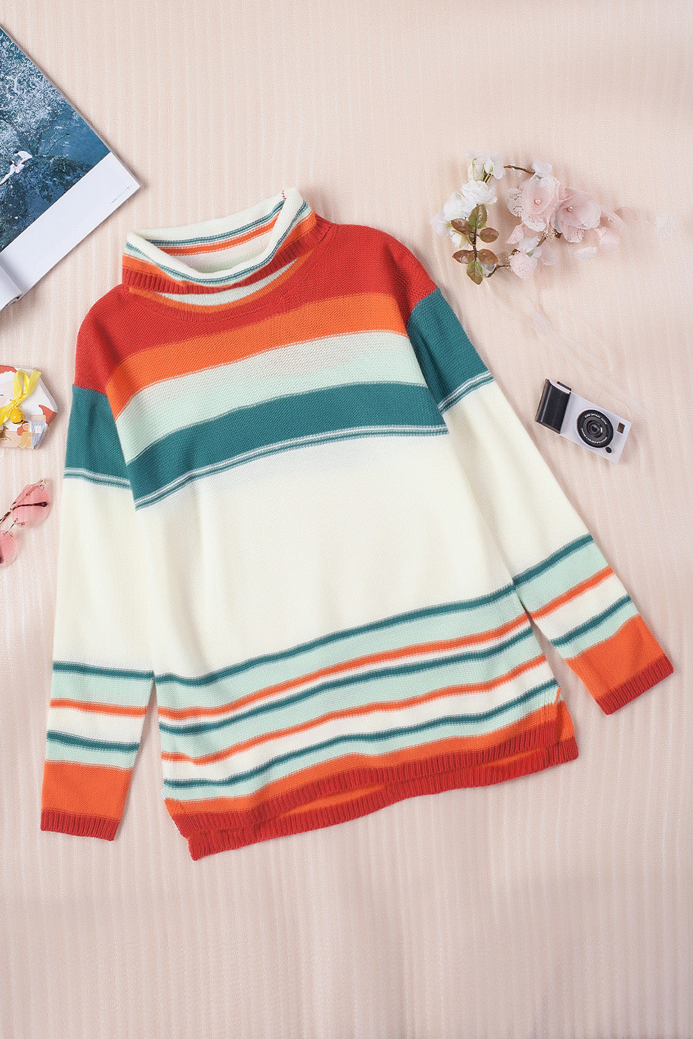 Contrast Striped Turtleneck Dropped Shoulder Sweater-TOPS / DRESSES-[Adult]-[Female]-2022 Online Blue Zone Planet