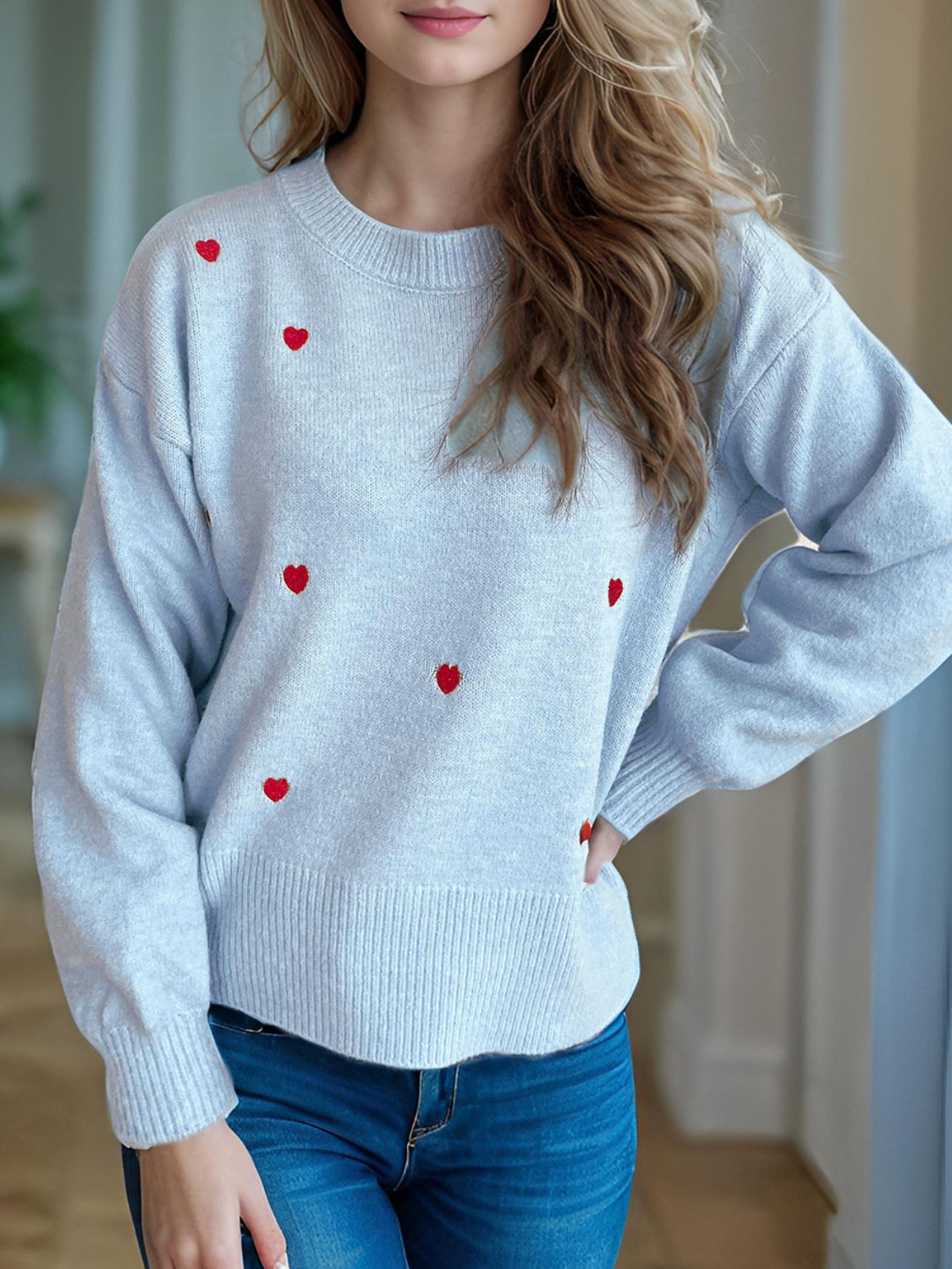 Heart Round Neck Long Sleeve Sweater-TOPS / DRESSES-[Adult]-[Female]-2022 Online Blue Zone Planet