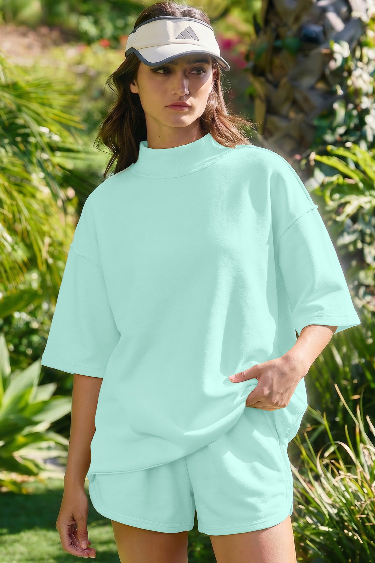 Light Pink Solid Color Exposed Seam Mock Neck Oversize Tee Casual Shorts 2pcs Outfit-Two Piece Sets/Short Sets-[Adult]-[Female]-2022 Online Blue Zone Planet