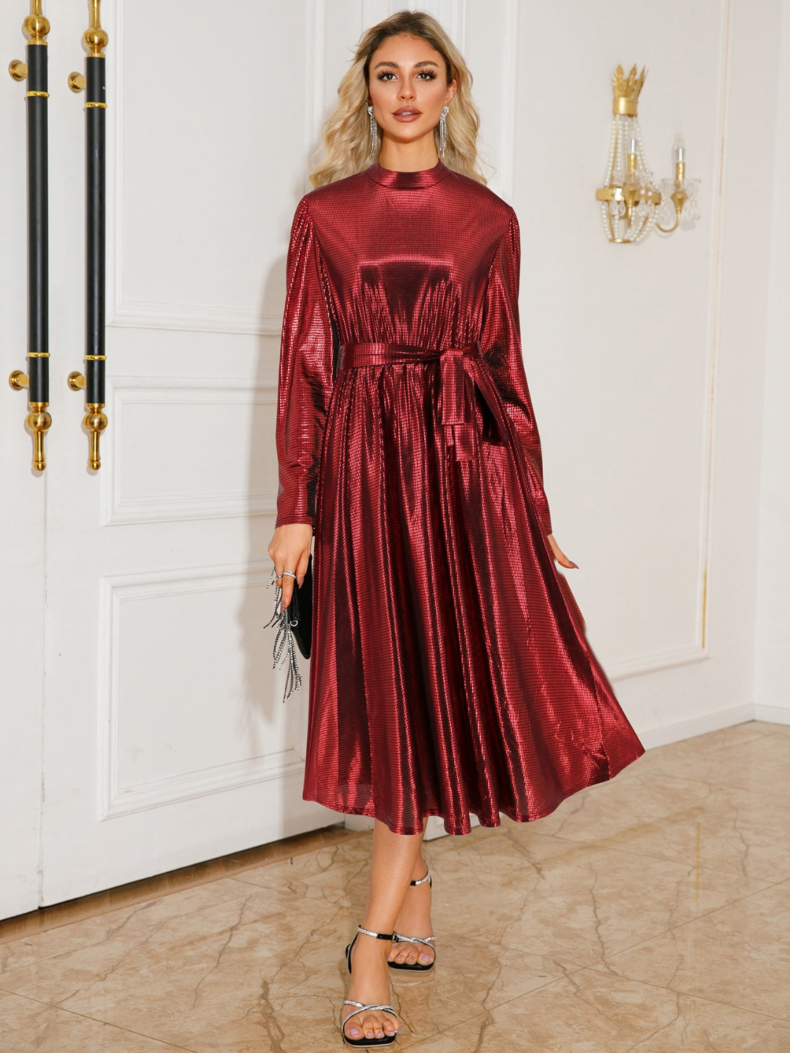 Tie Waist Long Sleeve Midi Dress-TOPS / DRESSES-[Adult]-[Female]-Burgundy-S-2022 Online Blue Zone Planet