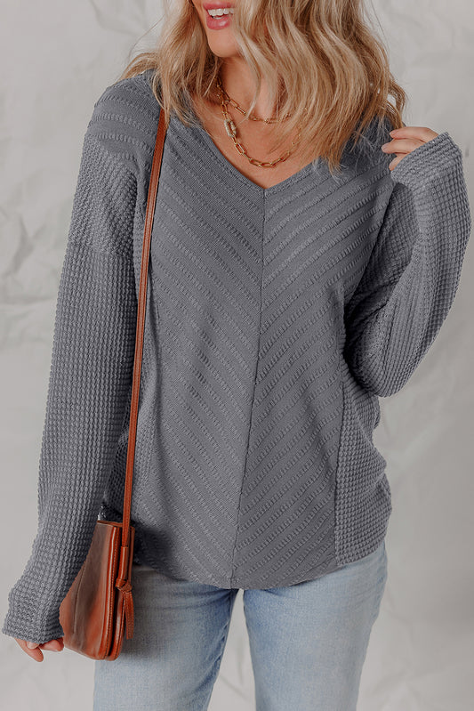 Sleet V Neck Chevron Texture Patchwork Long Sleeve Knit Top-Tops/Long Sleeve Tops-[Adult]-[Female]-Sleet-S-2022 Online Blue Zone Planet