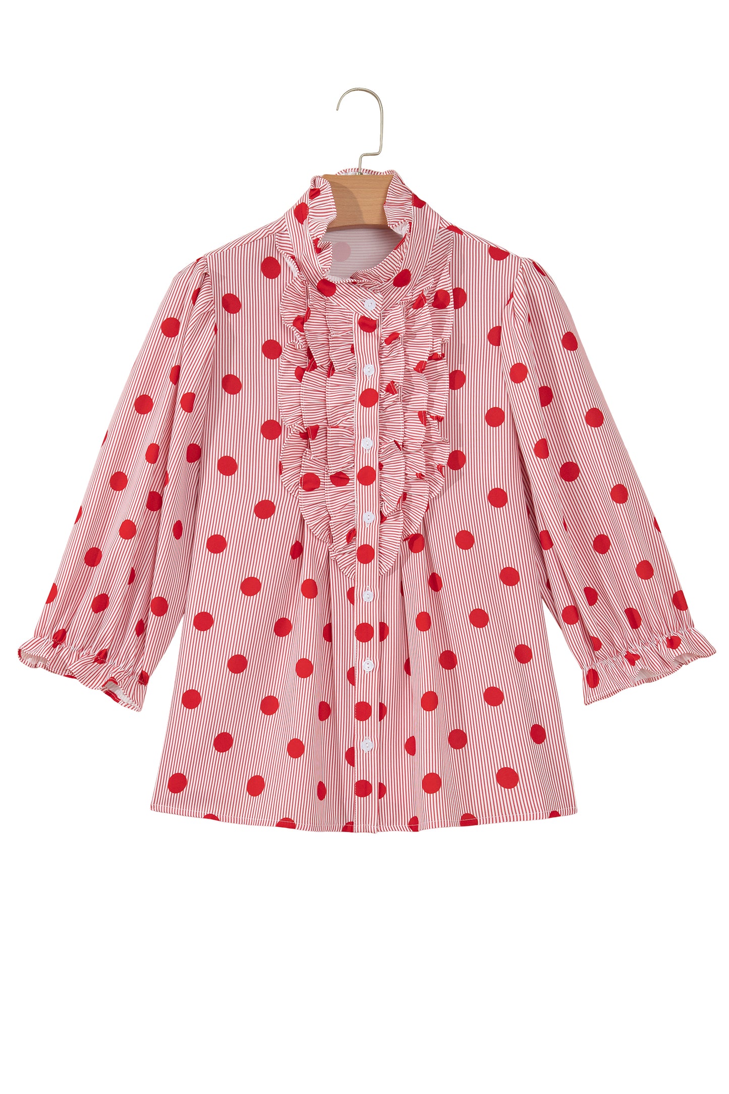 Fiery Red Polka Dot Striped Print Ruffle Stand Neck 3/4 Sleeve Shift Shirt-Tops/Blouses & Shirts-[Adult]-[Female]-2022 Online Blue Zone Planet