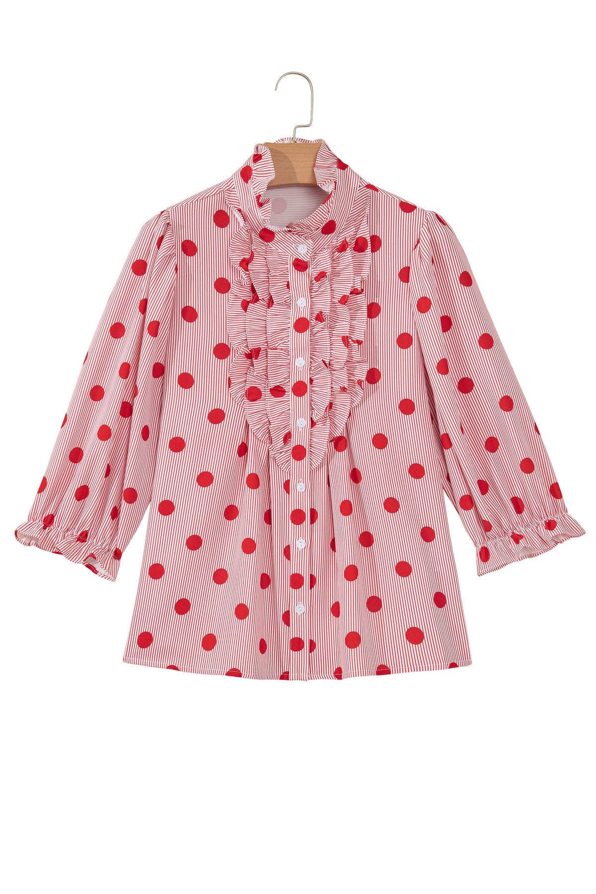 Fiery Red Polka Dot Striped Print Ruffle Stand Neck 3/4 Sleeve Shift Shirt-Tops/Blouses & Shirts-[Adult]-[Female]-2022 Online Blue Zone Planet