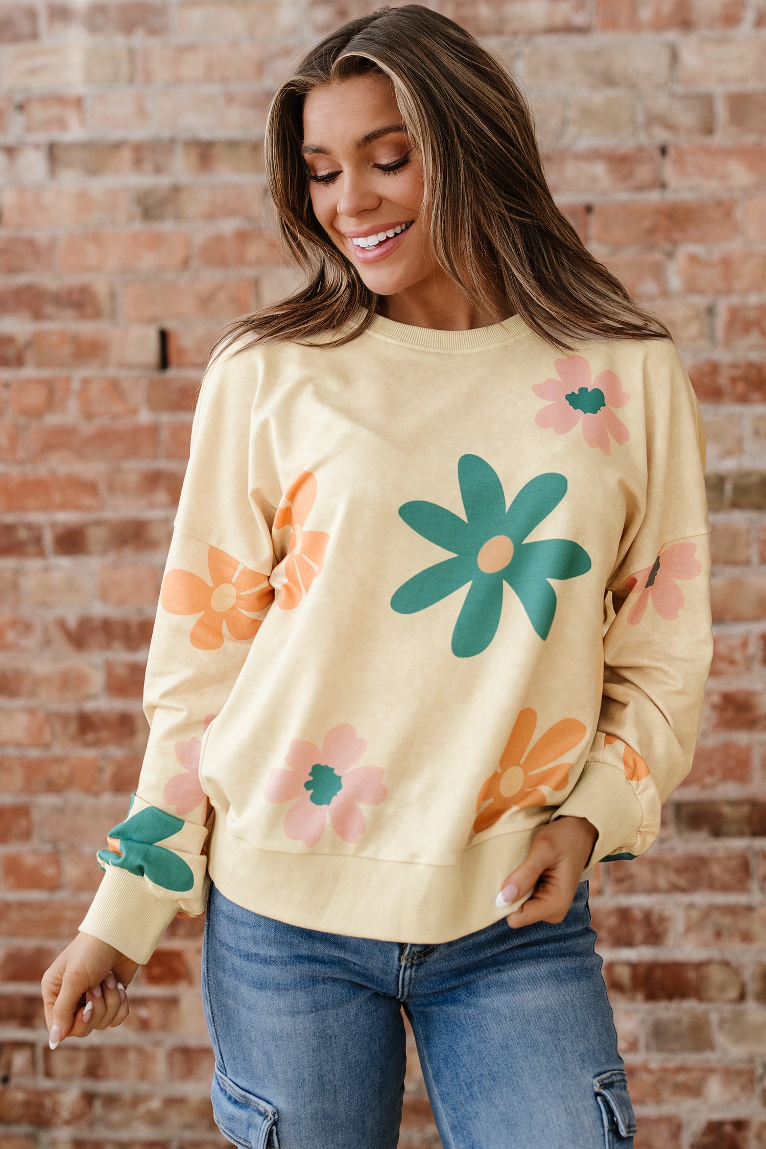 Khaki Mineral Washed French Terry Flower Print Sweatshirt-Tops/Sweatshirts & Hoodies-[Adult]-[Female]-2022 Online Blue Zone Planet