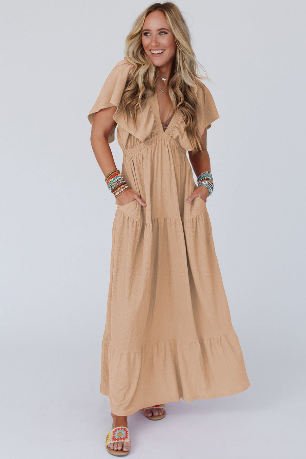 Parchment Textured V Neck Flutter Sleeve Ruffled Maxi Dress-Dresses/Maxi Dresses-[Adult]-[Female]-2022 Online Blue Zone Planet