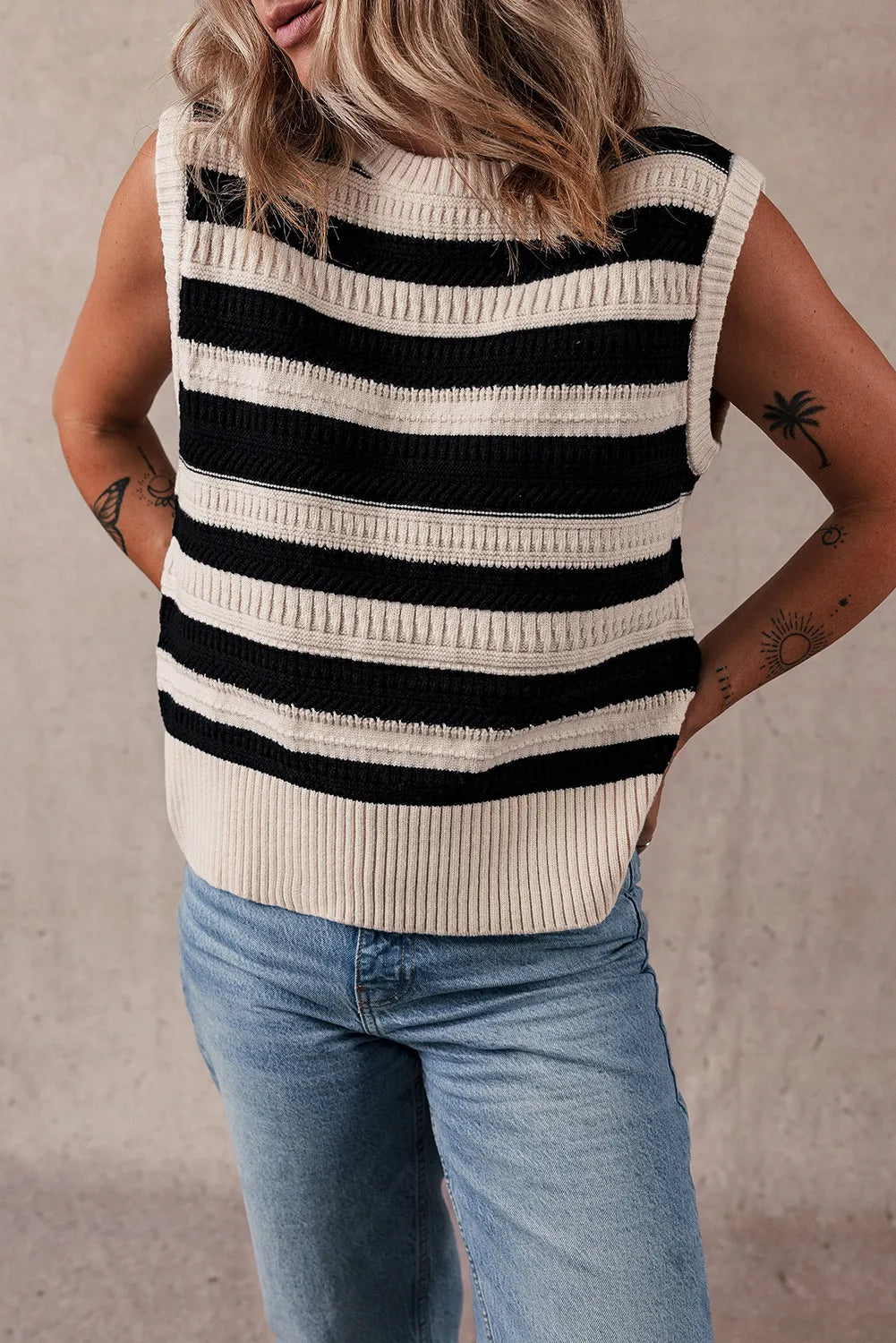 Color Block Round Neck Sweater Vest-TOPS / DRESSES-[Adult]-[Female]-2022 Online Blue Zone Planet