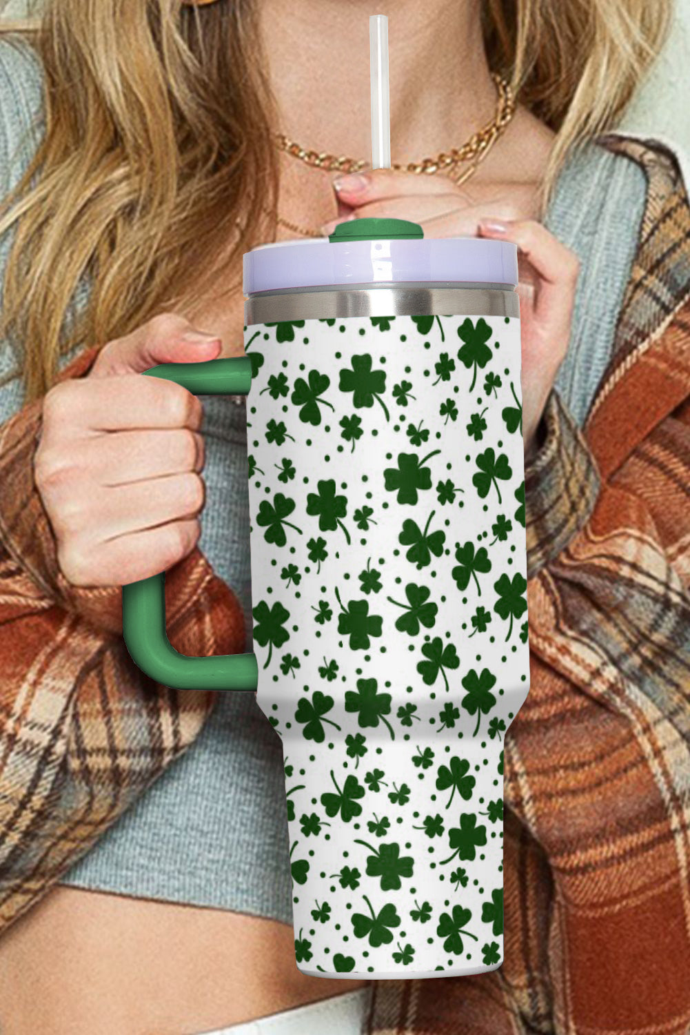 Dark Green Clover Print Thermos Cup with Handle 40oz-Accessories/Tumblers-[Adult]-[Female]-2022 Online Blue Zone Planet