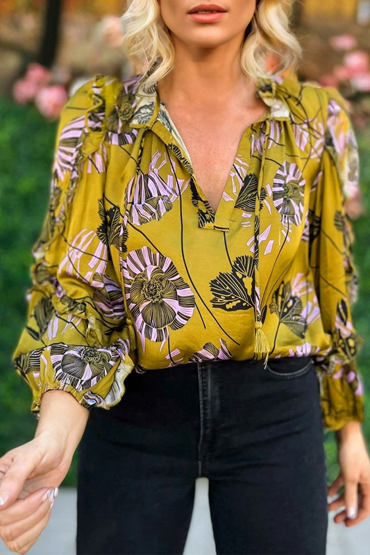 Yellow Vintage Floral V Neck Ruffle Trim Long Sleeve Blouse-Tops/Blouses & Shirts-[Adult]-[Female]-2022 Online Blue Zone Planet