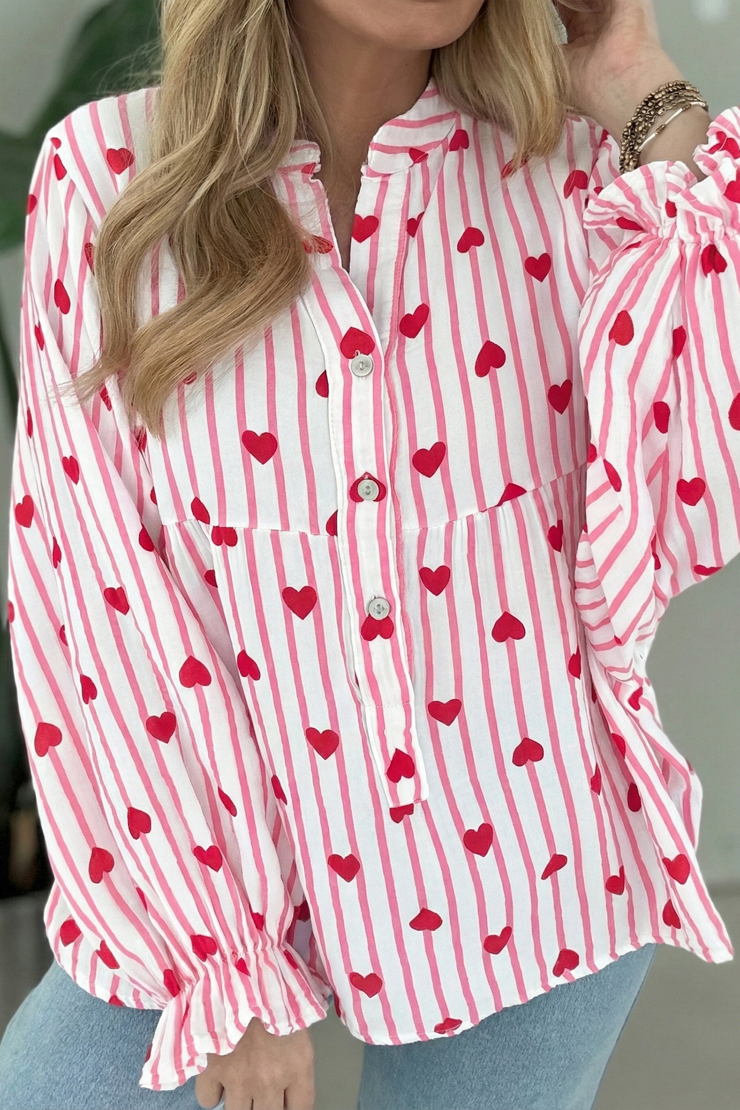 Pink Stripe Textured Heart Print Long Flounce Sleeve Shirt-Tops/Blouses & Shirts-[Adult]-[Female]-2022 Online Blue Zone Planet