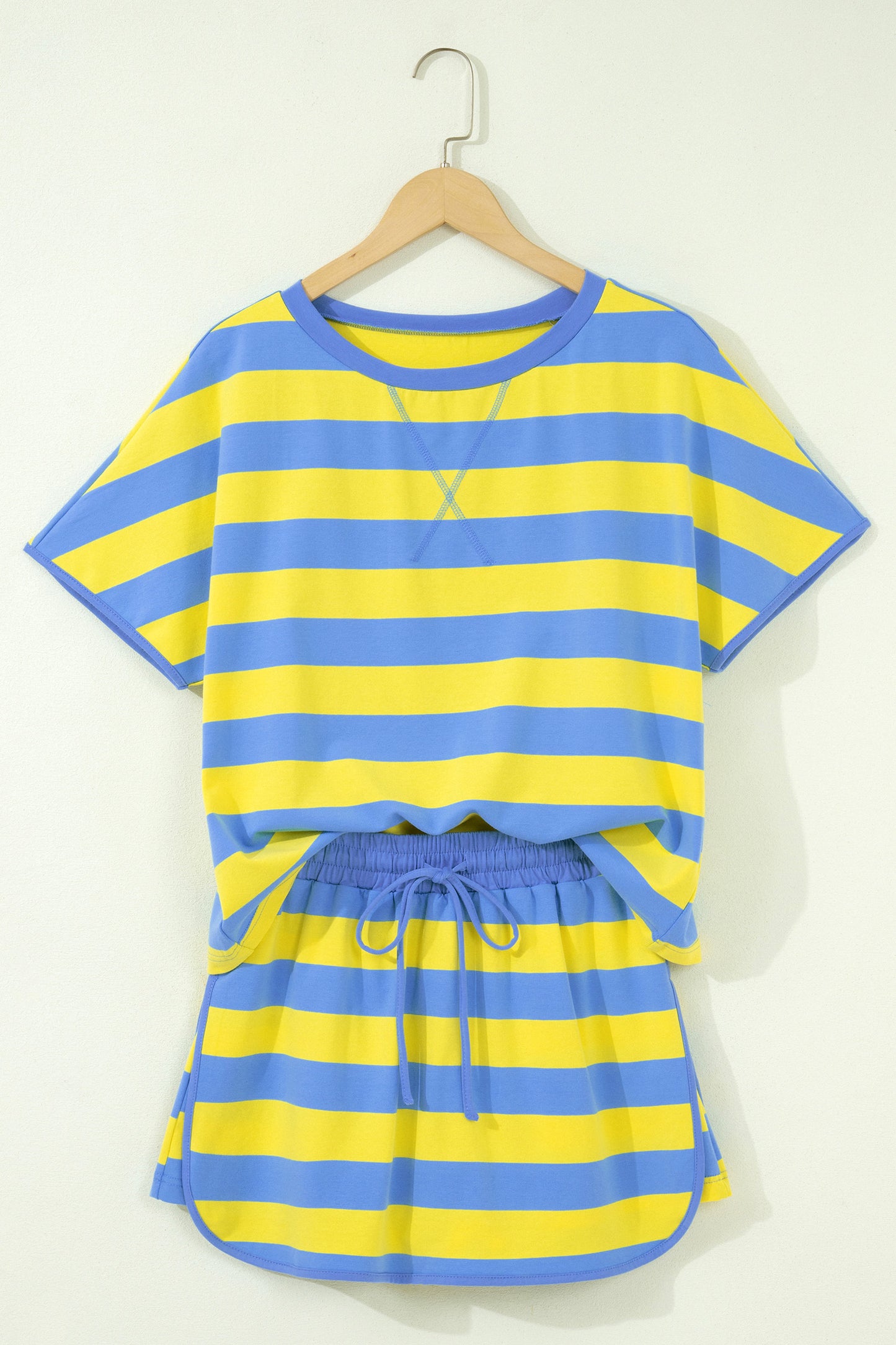 Yellow Stripe Dolman Tee Drawstring Skort Athletic 2pcs Set-Two Piece Sets/Short Sets-[Adult]-[Female]-2022 Online Blue Zone Planet