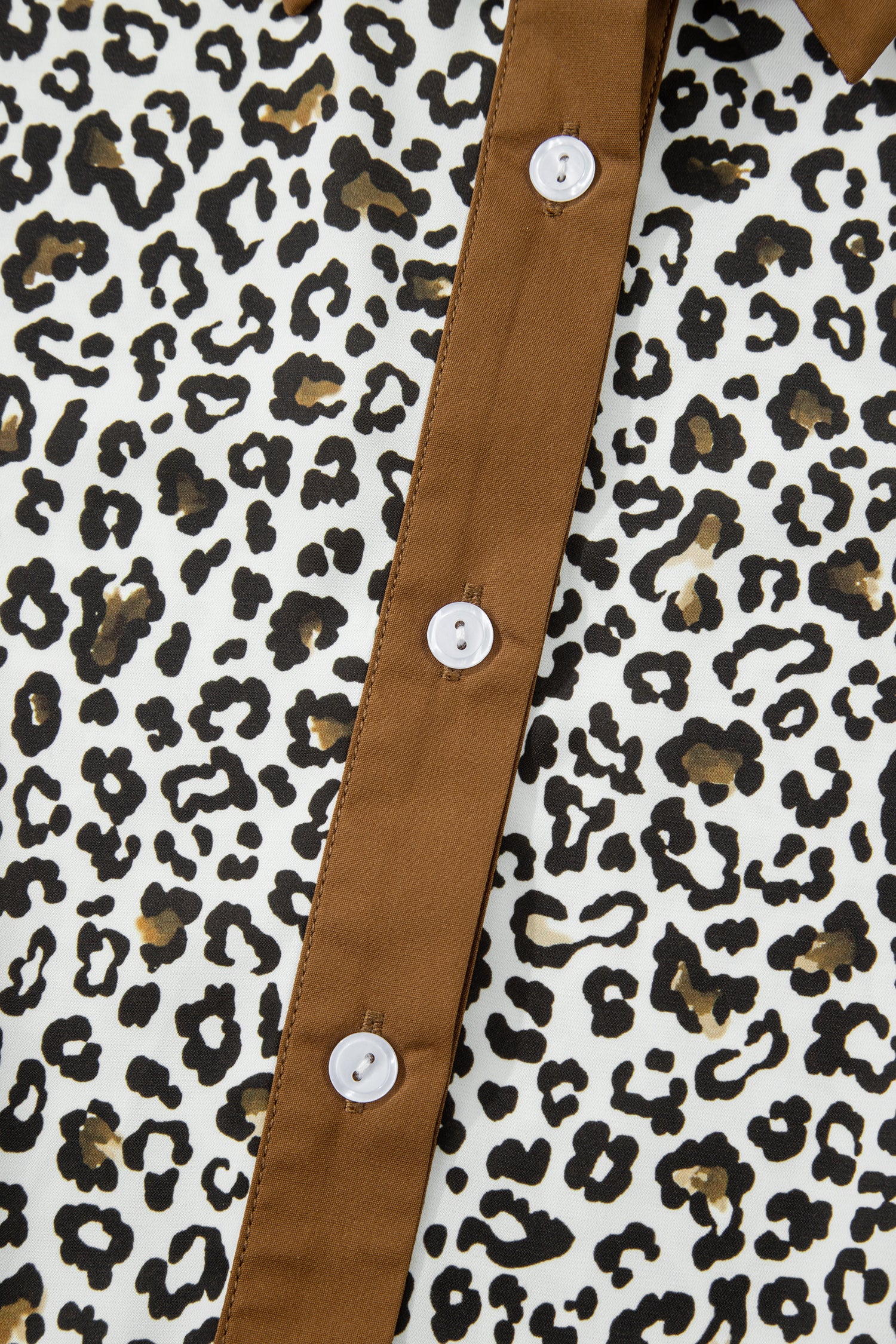 Khaki Plus Size Buttoned Contrast Trim Puff Sleeve Leopard Print Blouse-Plus Size/Plus Size Tops/Plus Size Blouses & Shirts-[Adult]-[Female]-2022 Online Blue Zone Planet