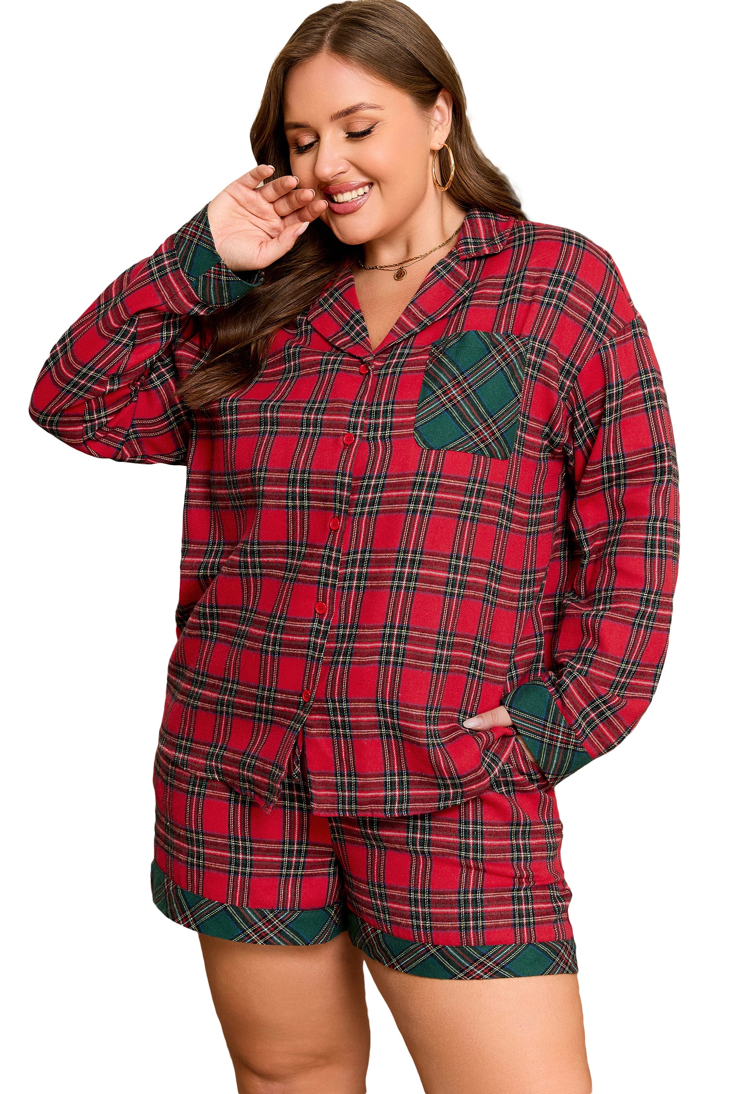 Red Plus Size Plaid Contrast Patchwork Long Sleeve Shirt and Shorts 2pcs Pajama Set-Plus Size/Plus Size Loungewear-[Adult]-[Female]-2022 Online Blue Zone Planet