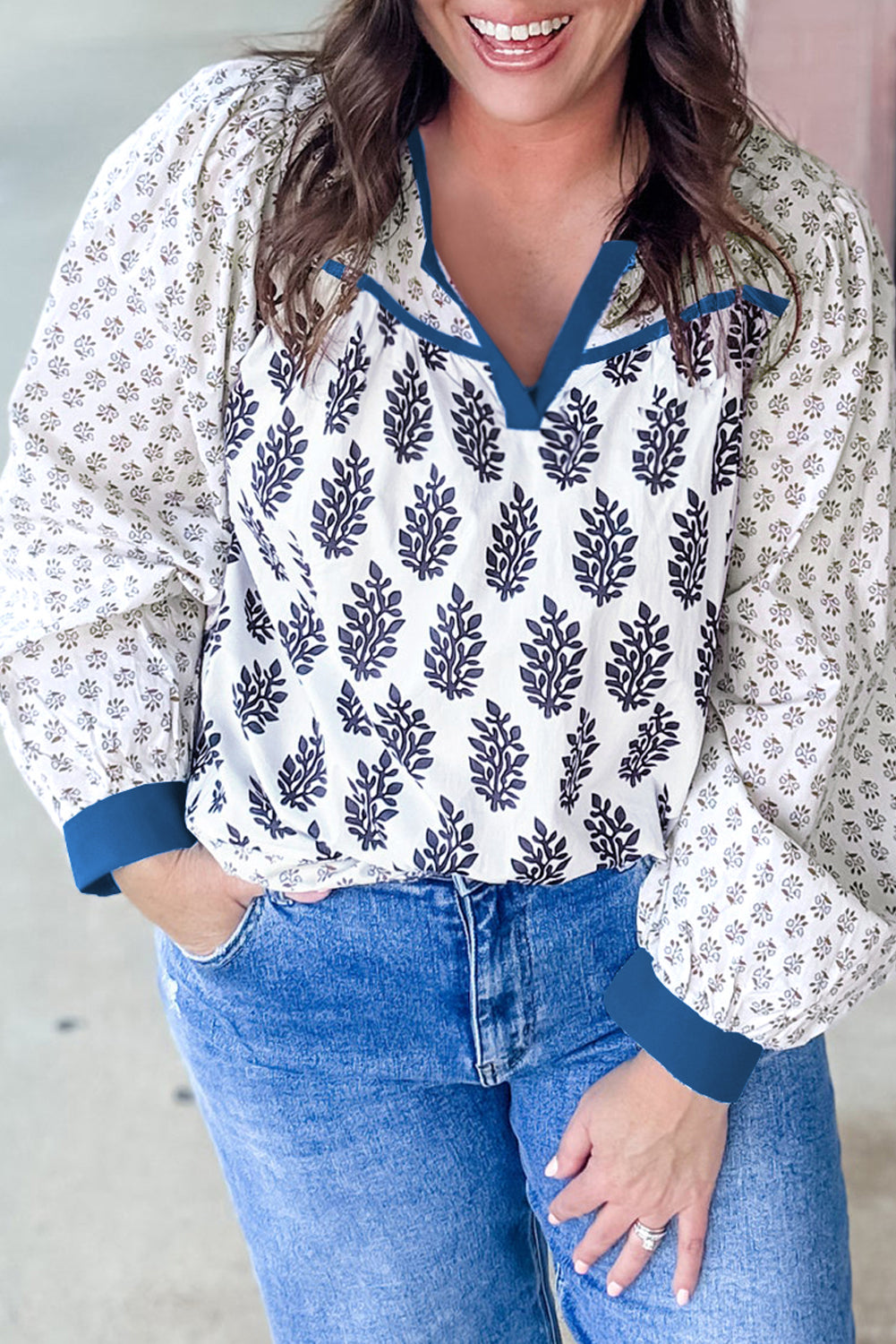 White Plus Size Boho Floral Print Contrast Trim Split Neck Puff Sleeve Patchwork Blouse-Plus Size/Plus Size Tops/Plus Size Blouses & Shirts-[Adult]-[Female]-2022 Online Blue Zone Planet