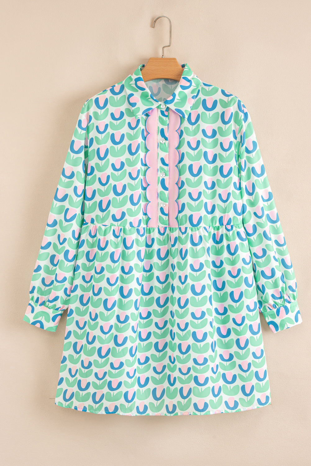 Green Floral Print Notched Neck Scalloped Detail Long Sleeve Mini Dress-TOPS / DRESSES-[Adult]-[Female]-2022 Online Blue Zone Planet