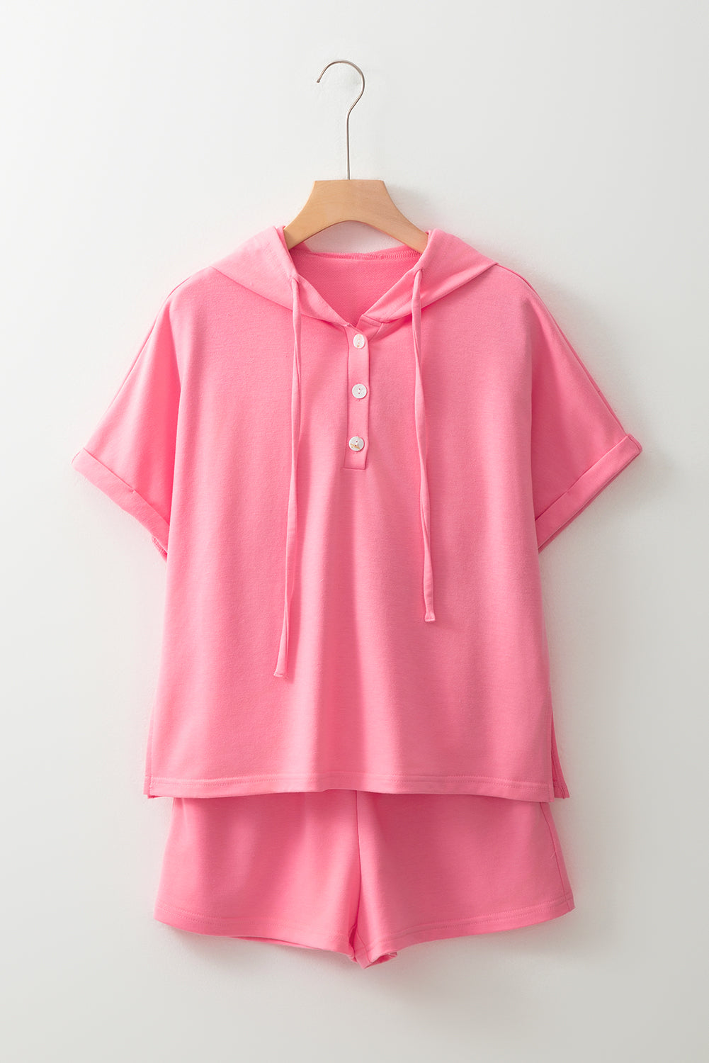 Peach Blossom Hooded Short Sleeve Henley Top and Shorts Set-Two Piece Sets/Short Sets-[Adult]-[Female]-2022 Online Blue Zone Planet