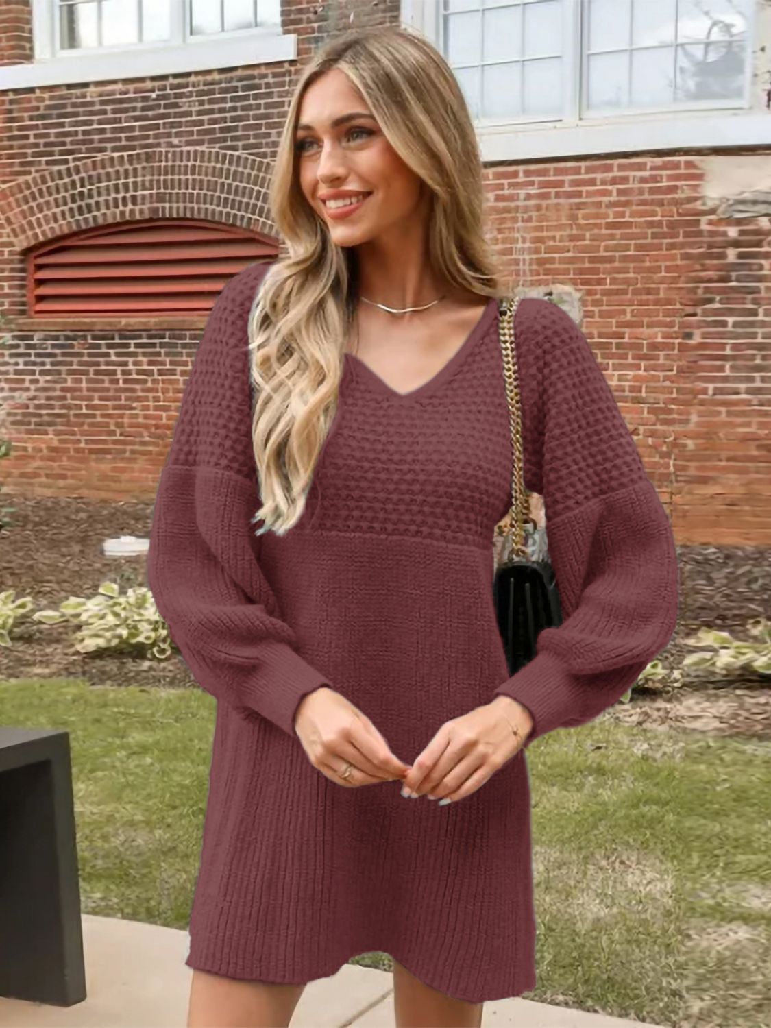 Perfee V-Neck Long Sleeve Sweater Dress-TOPS / DRESSES-[Adult]-[Female]-2022 Online Blue Zone Planet